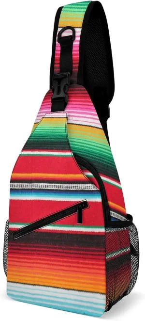 Sling Bag Serape Traditional Colorful Line Crossbody Backpack with Anti Theft Mexican Rainbow Adjustable Shoulder Bag for Travel,Hiking,Cycling,Camping