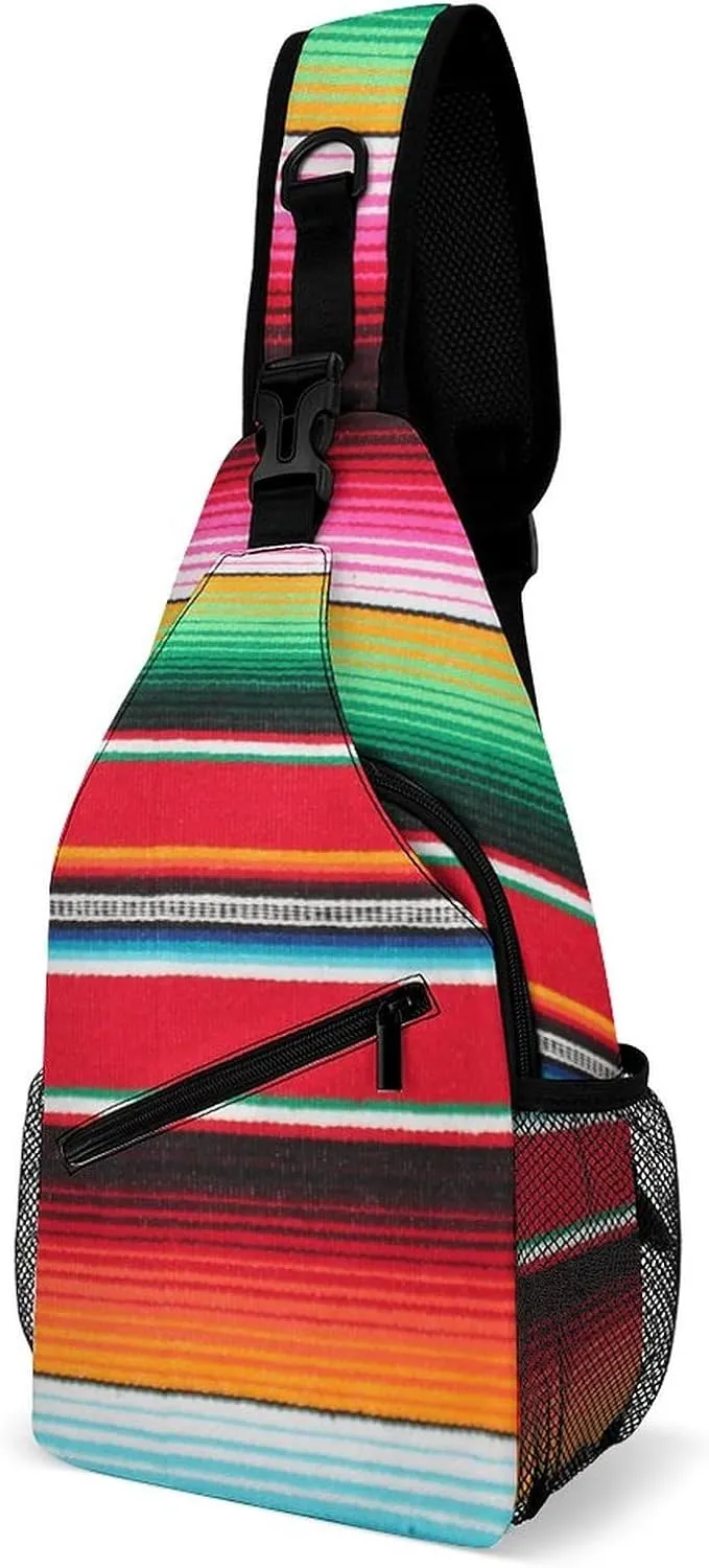 Sling Bag Serape Traditional Colorful Line Crossbody Backpack with Anti Theft Mexican Rainbow Adjustable Shoulder Bag for Travel,Hiking,Cycling,Camping