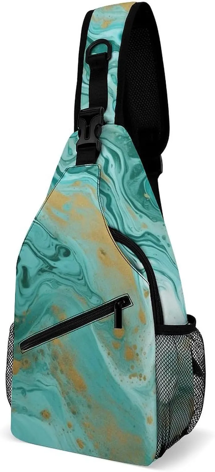 Sling Bags Teal And Gold Marble Crossbody Bag for Women Men Cross Body Bag for Travel Hiking Shopping