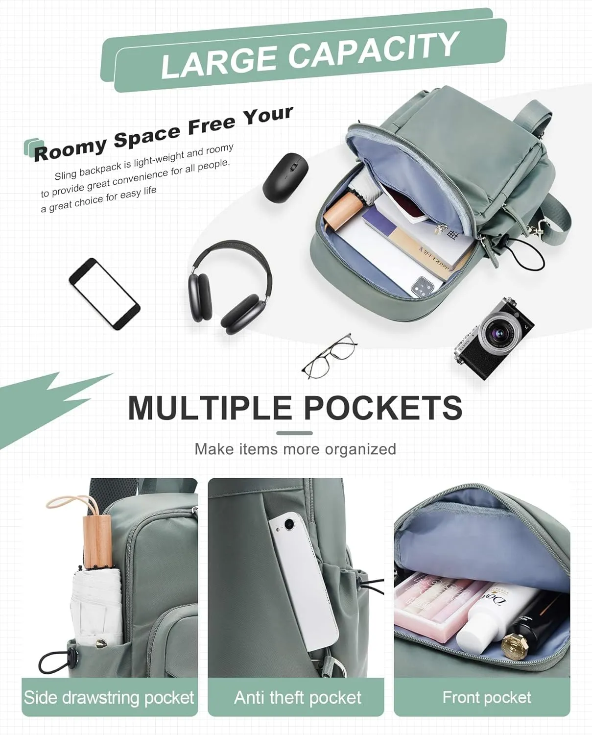 Sling Crossbody Bag for Men Women, Tactical Backpack Shoulder Daypack Mini Anti-Theft Motorcycle Chest Bags, Small One Strap Backpack for Casual Travel Hiking Outdoor Sports Green