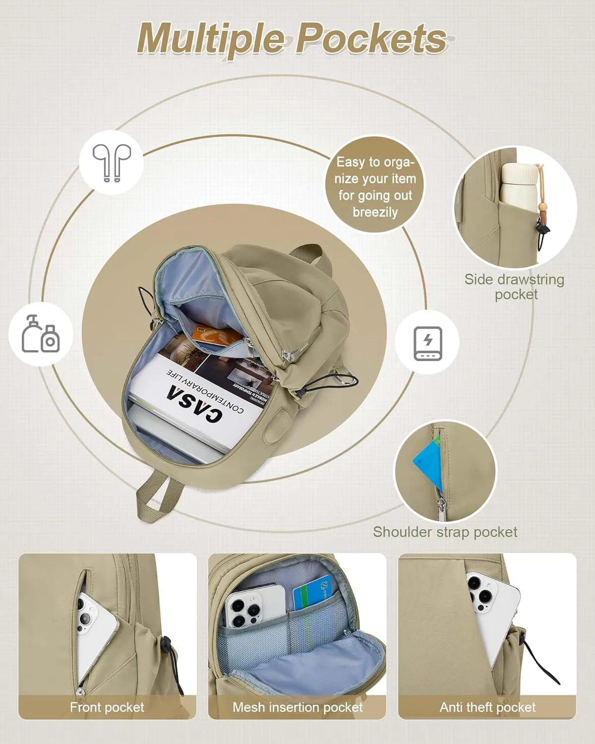 Sling Crossbody Bag for Men Women, Tactical Backpack Shoulder Daypack Mini Anti-Theft Motorcycle Chest Bags, Small One Strap Backpack for Casual Travel Hiking Outdoor Sports Khaki