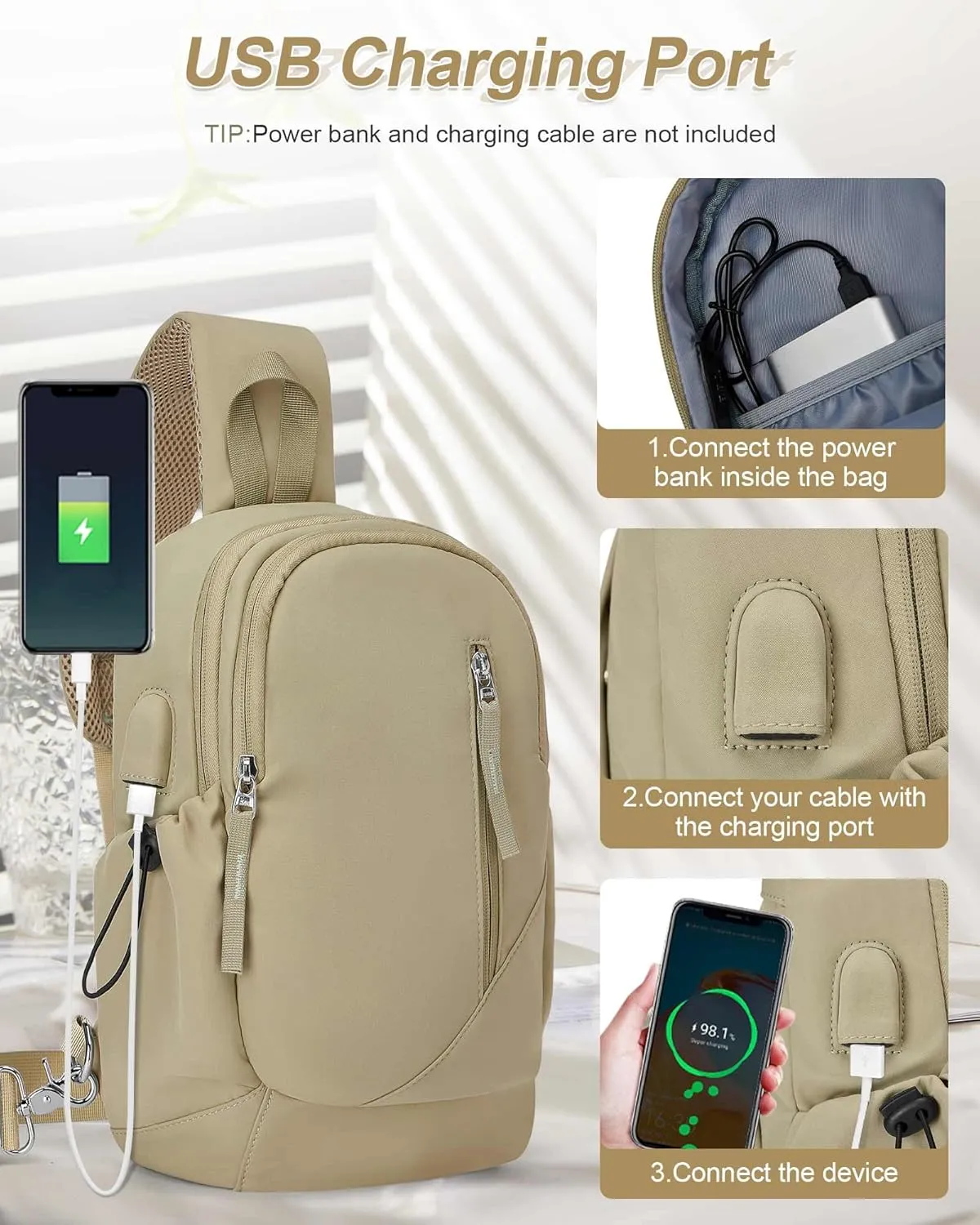 Sling Crossbody Bag for Men Women, Tactical Backpack Shoulder Daypack Mini Anti-Theft Motorcycle Chest Bags, Small One Strap Backpack for Casual Travel Hiking Outdoor Sports Khaki