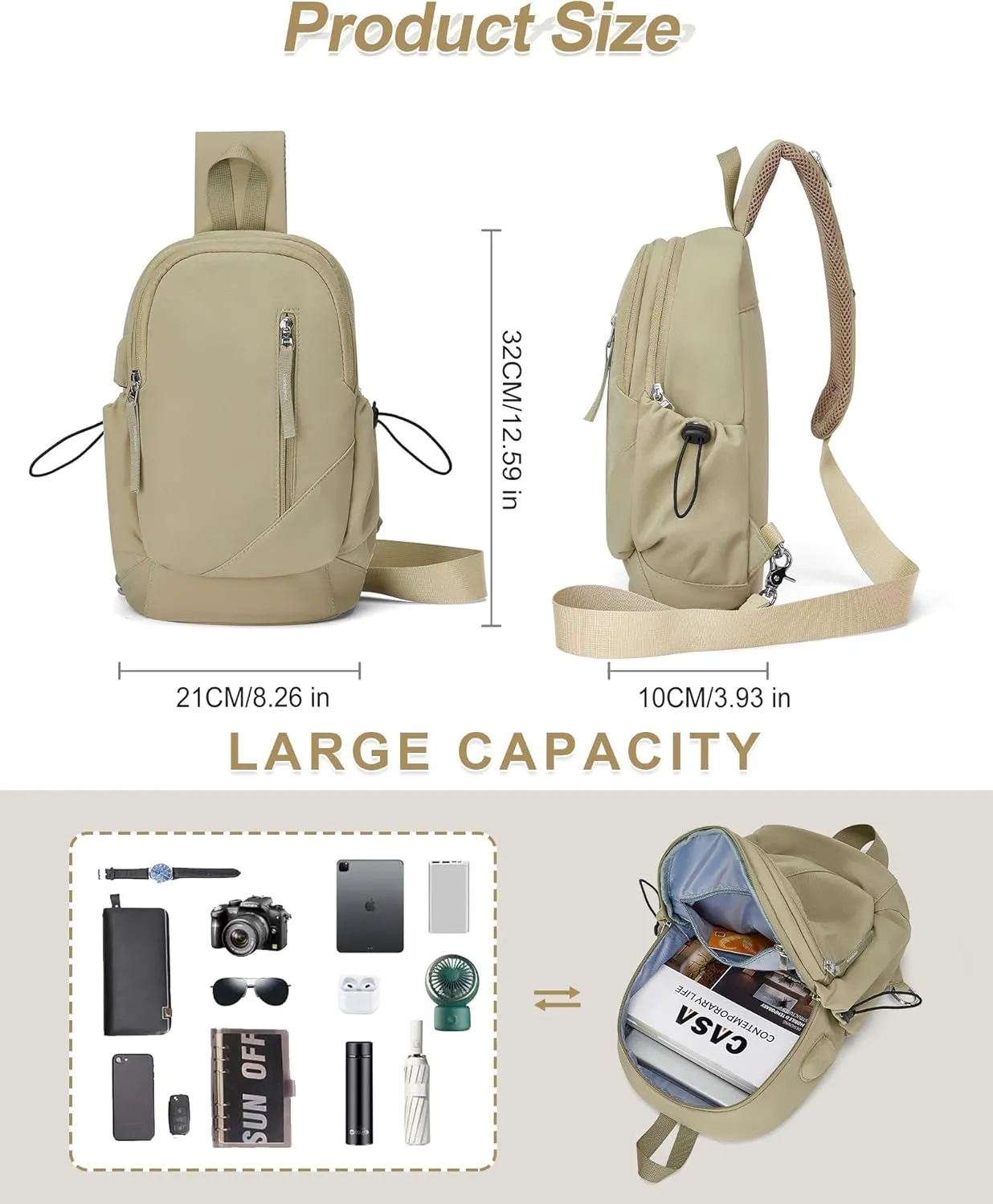 Sling Crossbody Bag for Men Women, Tactical Backpack Shoulder Daypack Mini Anti-Theft Motorcycle Chest Bags, Small One Strap Backpack for Casual Travel Hiking Outdoor Sports Khaki