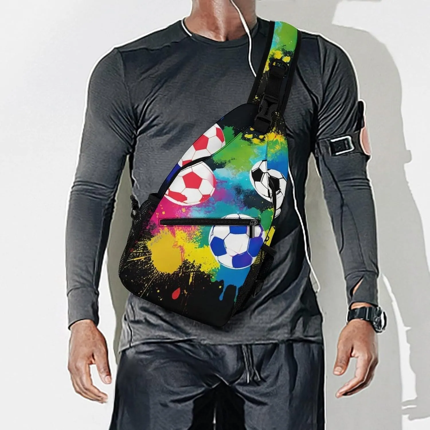 Sling Shoulder Backpack for Men Women Multipurpose Anti-Theft Gym Bags Sack Daypack Outdoor Backpack Carry On Bag, Colorful Splash Ink Soccer Ball Football Black Shoulder Crossbody Bag Chest Pack