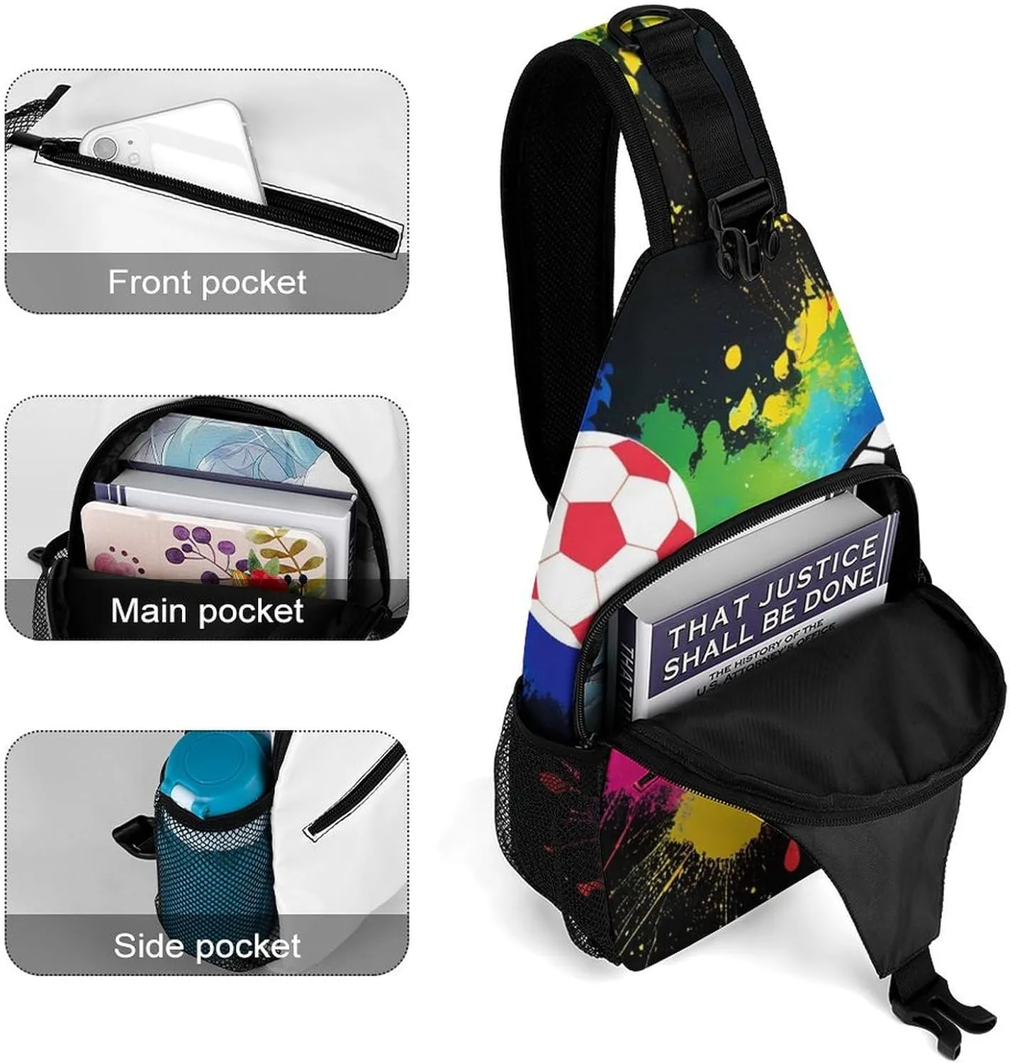 Sling Shoulder Backpack for Men Women Multipurpose Anti-Theft Gym Bags Sack Daypack Outdoor Backpack Carry On Bag, Colorful Splash Ink Soccer Ball Football Black Shoulder Crossbody Bag Chest Pack