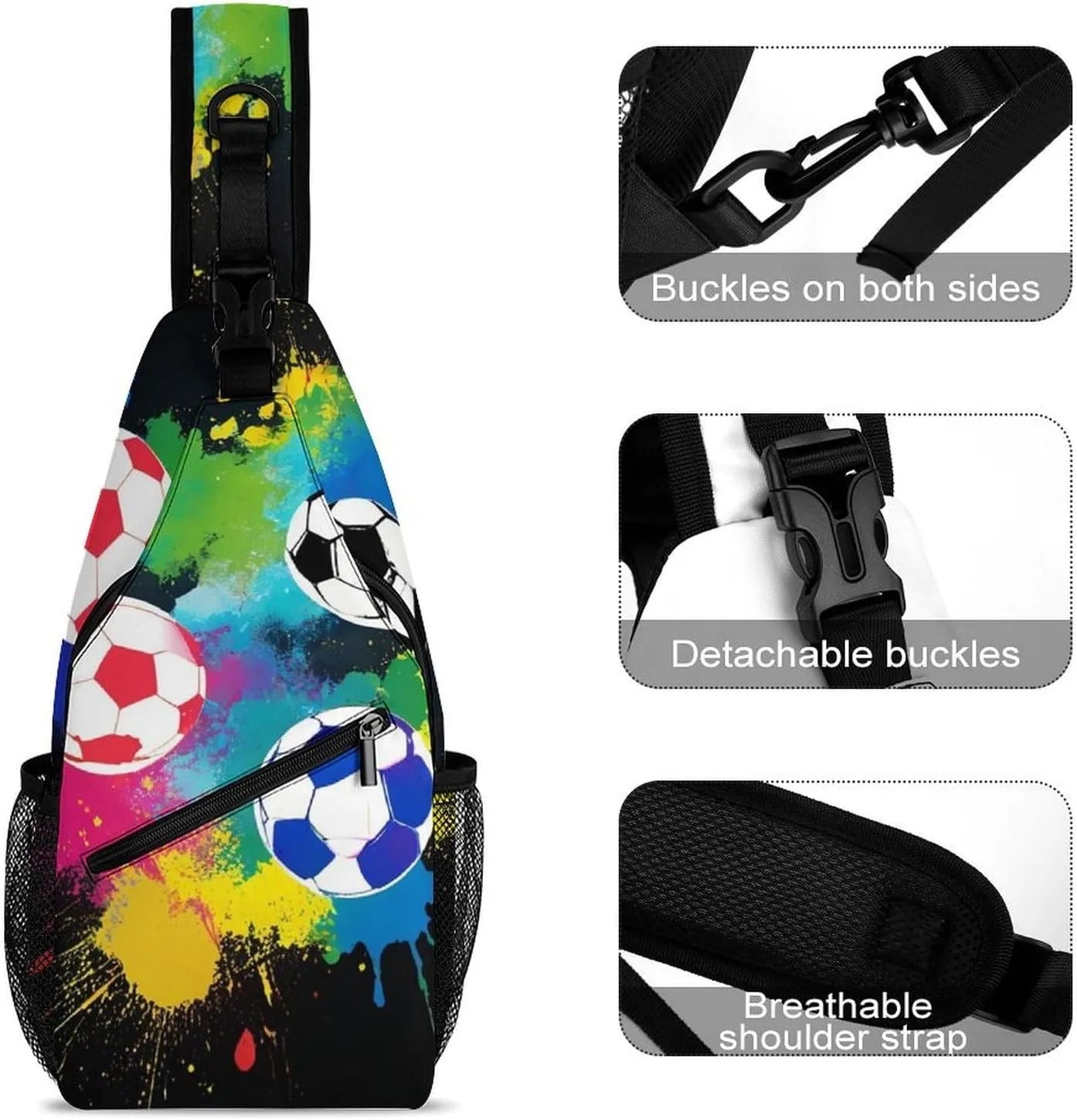 Sling Shoulder Backpack for Men Women Multipurpose Anti-Theft Gym Bags Sack Daypack Outdoor Backpack Carry On Bag, Colorful Splash Ink Soccer Ball Football Black Shoulder Crossbody Bag Chest Pack