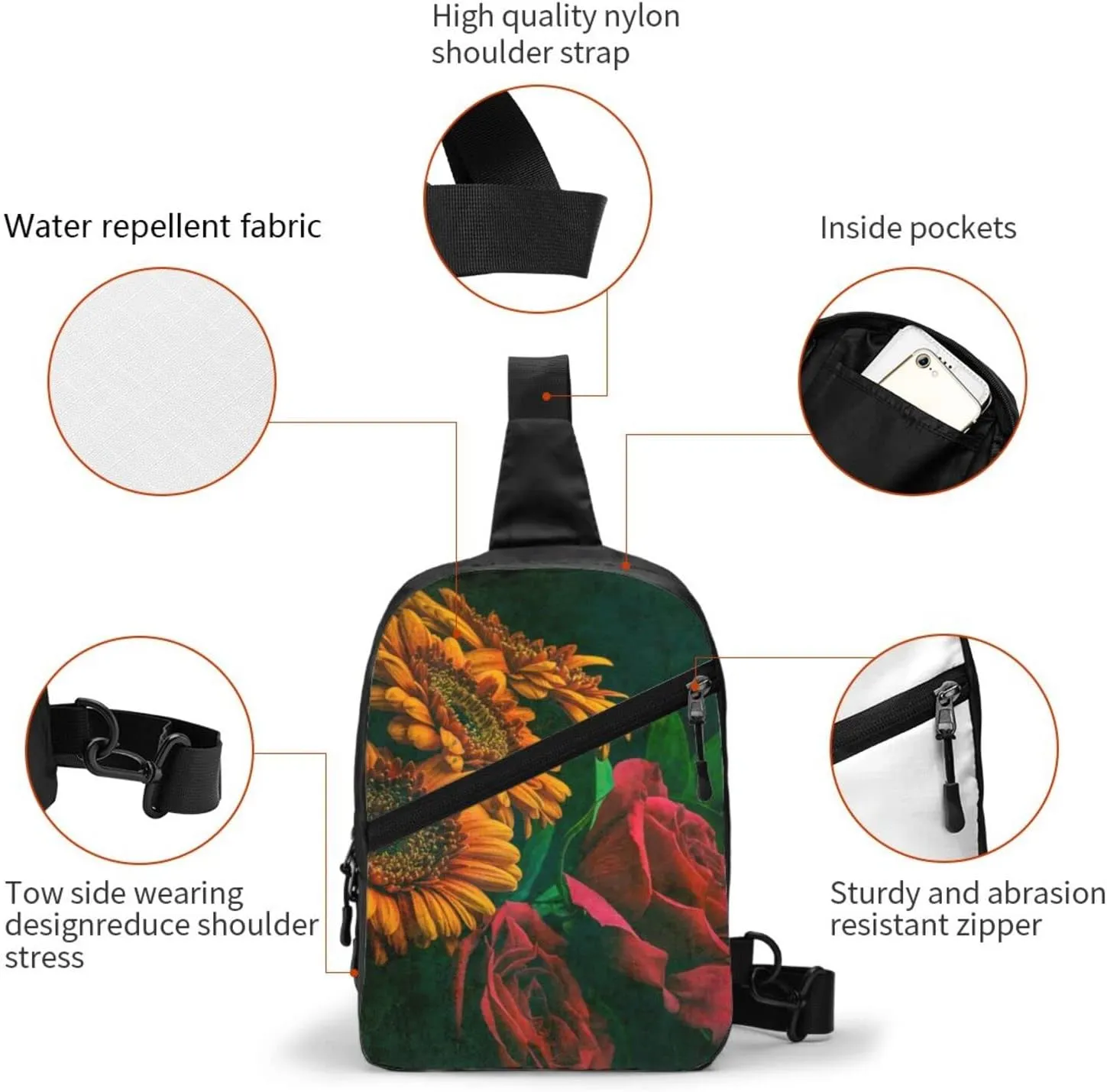 Small Crossbody Sling Backpack Anti Theft Backpack For Traveling Chest Sunflower And Rose Shoulder Bag For Men Women
