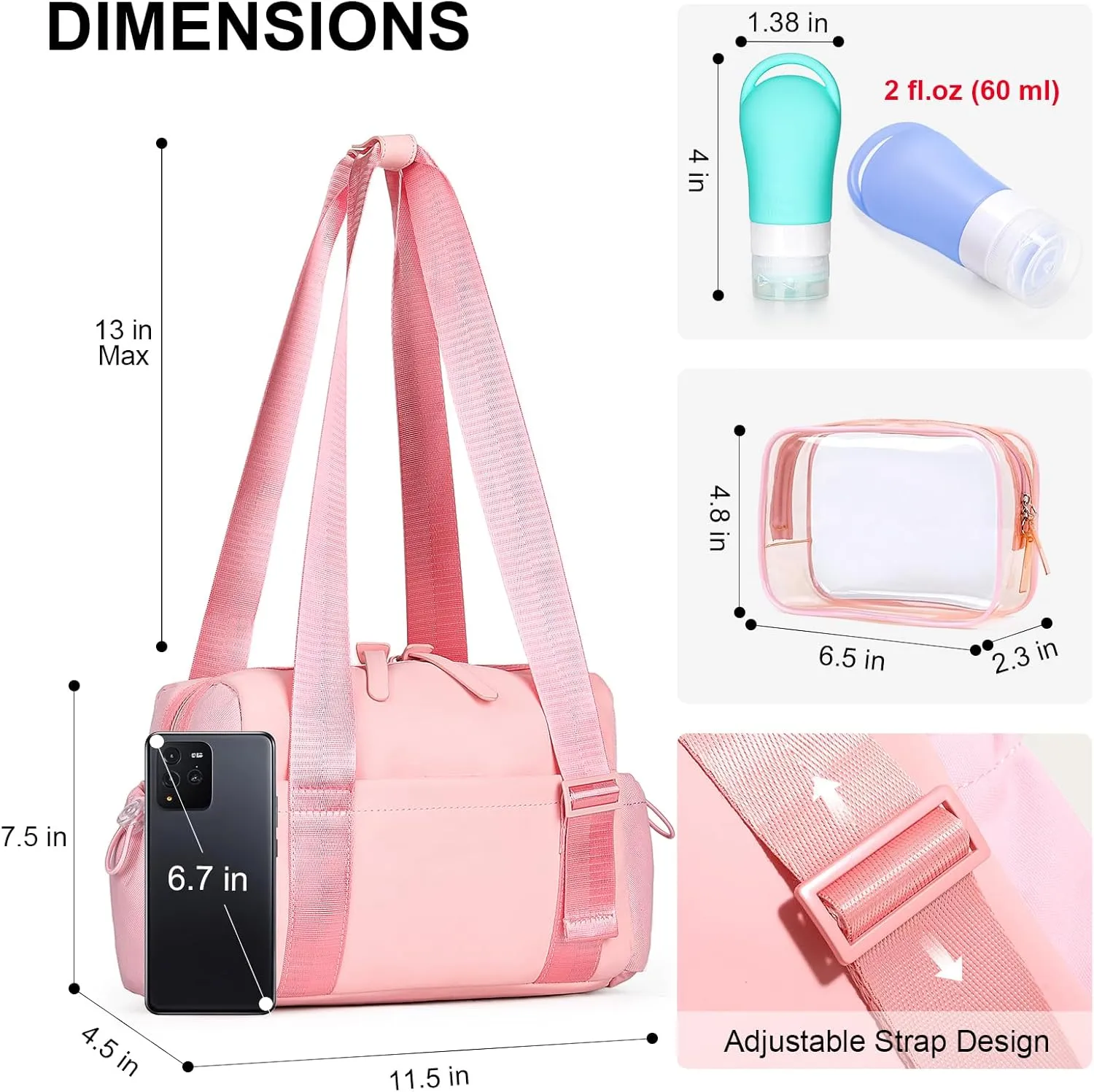 Small Gym Bag for Women - Mini Gym Duffle Bag 4 PCS Set with Wet Compartment, Small Travel Tote Cute Workout Sport Bag with Toiletry Cosmetic Silicone Travel Bottles
