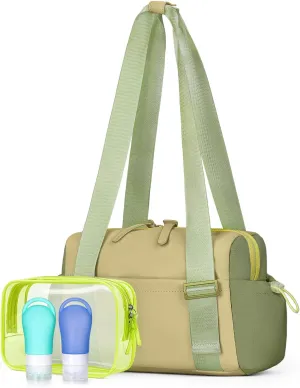 Small Gym Bag for Women - Mini Gym Duffle Bag 4 PCS Set with Wet Compartment, Small Travel Tote Cute Workout Sport Bag with Toiletry Cosmetic Silicone Travel Bottles