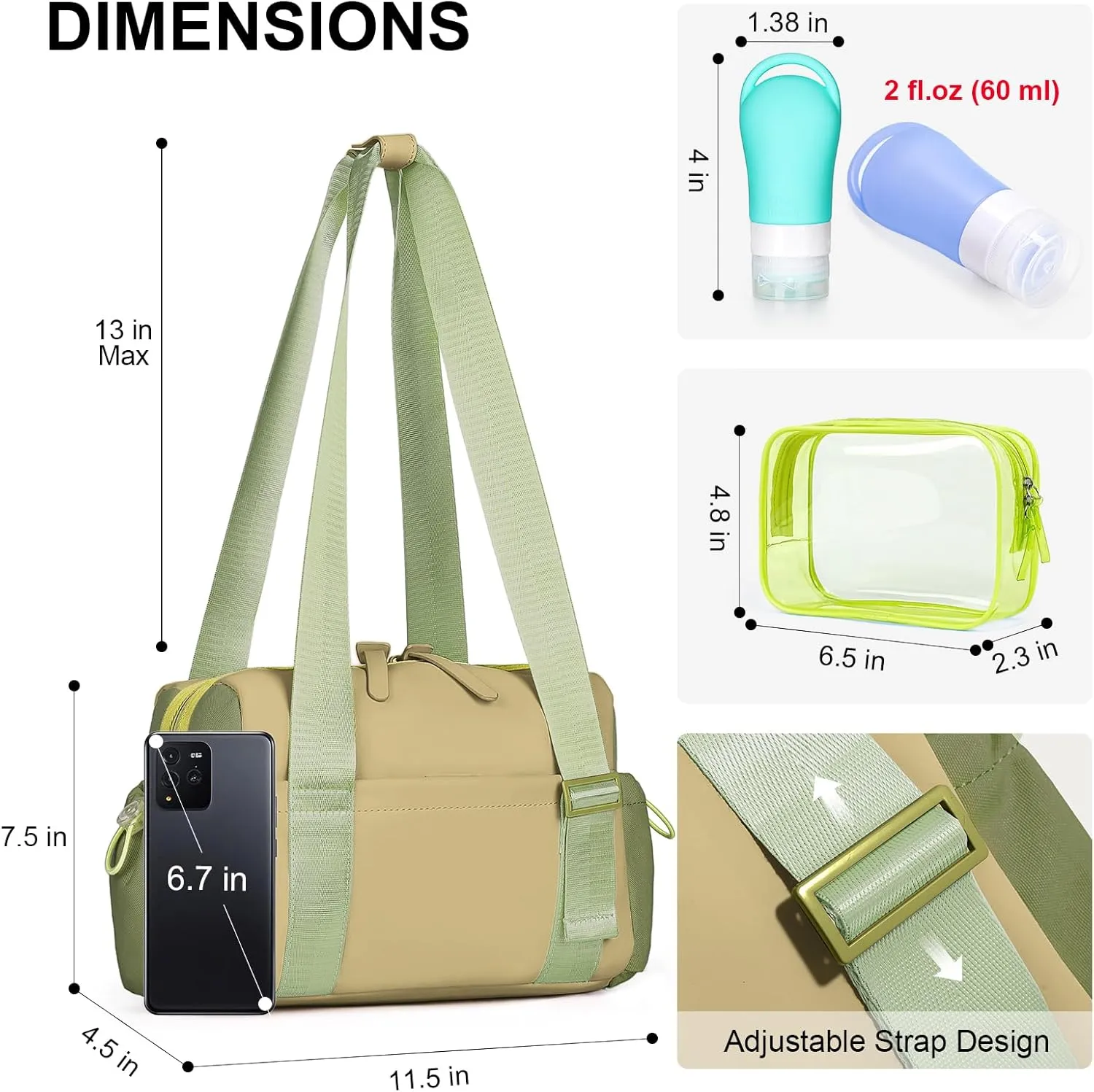 Small Gym Bag for Women - Mini Gym Duffle Bag 4 PCS Set with Wet Compartment, Small Travel Tote Cute Workout Sport Bag with Toiletry Cosmetic Silicone Travel Bottles
