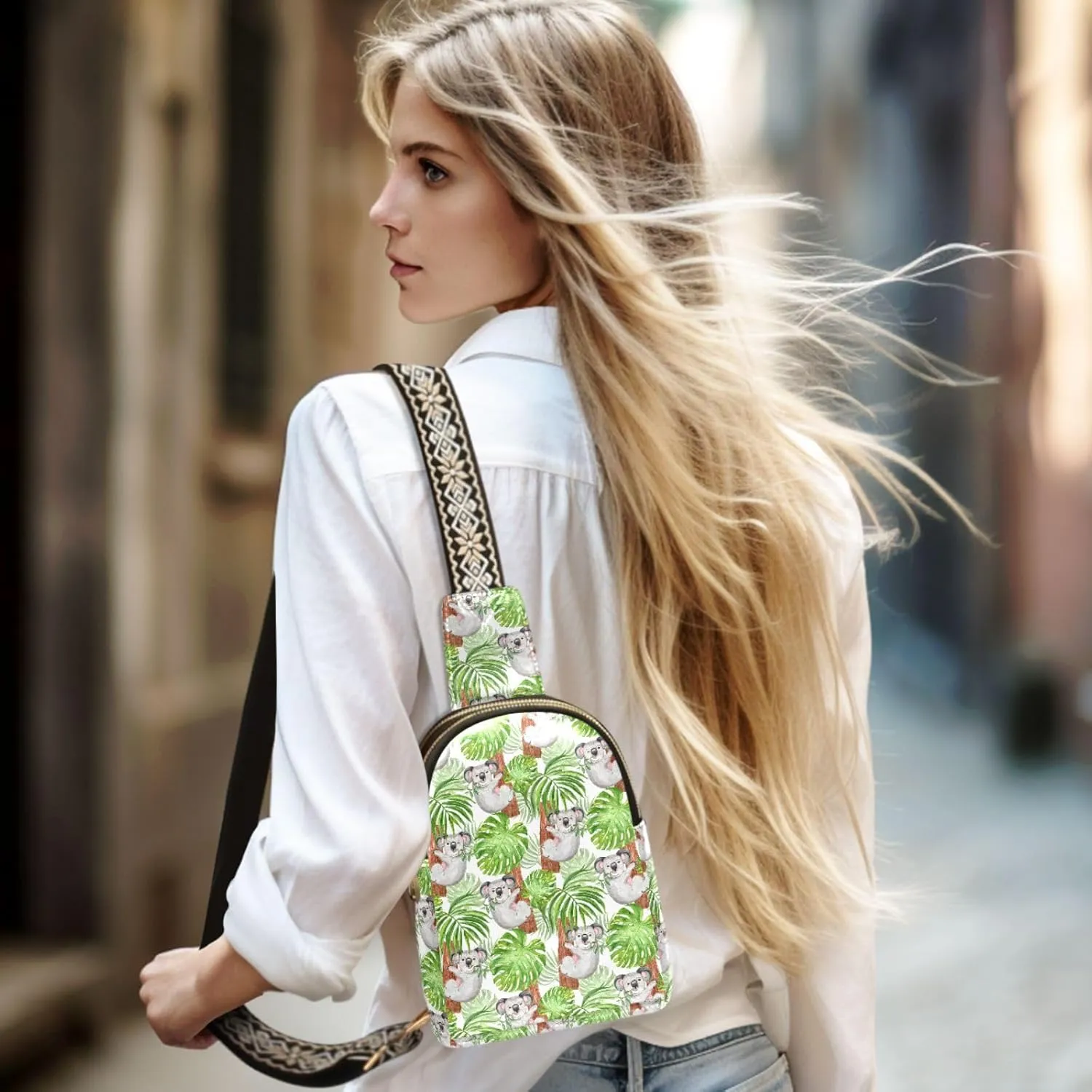 Small Sling Bag Bird Jugle Summer Leather Crossbody Bag Tropical Leaf Floral Trendy Fashion Waist PacksChest Bag