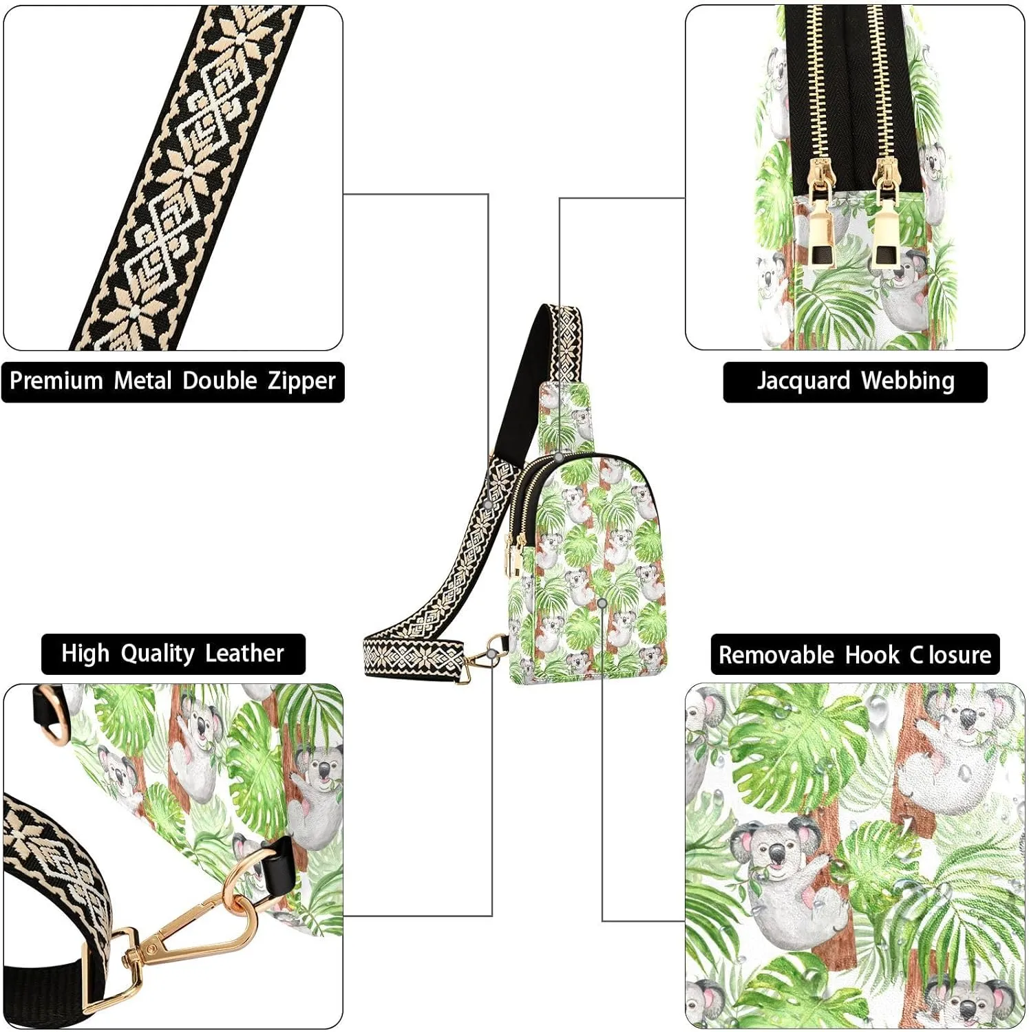 Small Sling Bag Bird Jugle Summer Leather Crossbody Bag Tropical Leaf Floral Trendy Fashion Waist PacksChest Bag