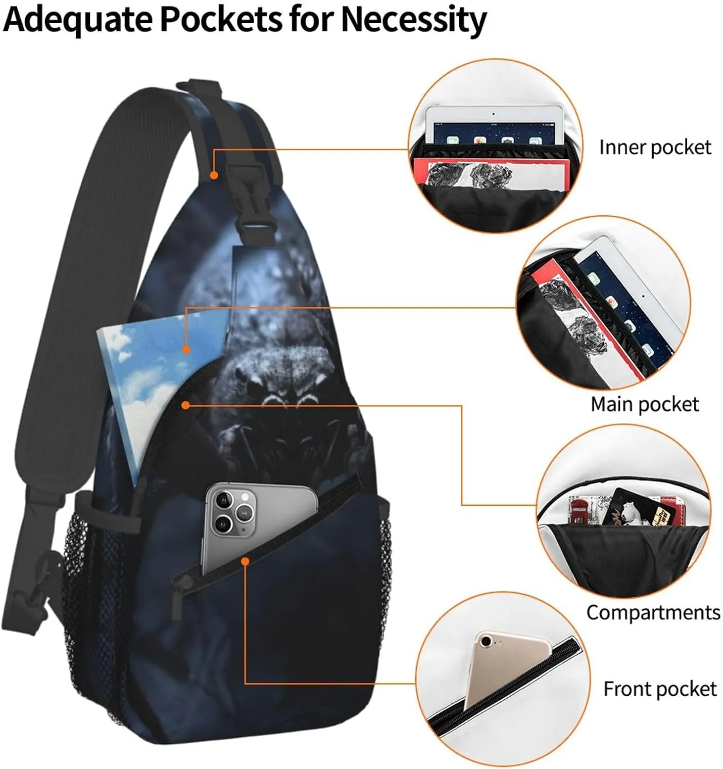 Small Sling Bag Black Spider Crossbody Backpack For Men & Women,Stylish Cross Chest Bag Diagonally