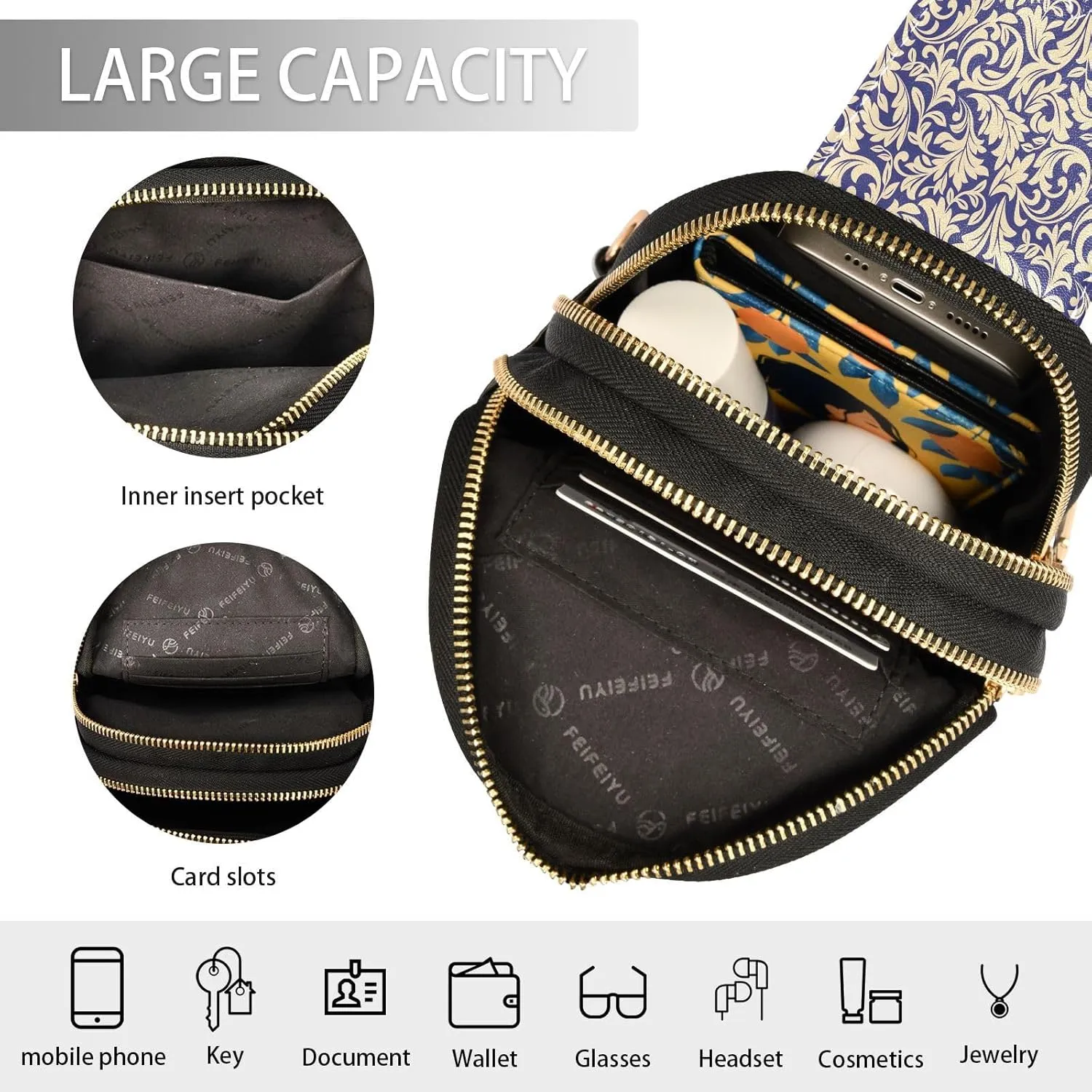Small Sling Bag for Women Crossbody Baroque Flowers Style Fashion Leather Crossbody Bag for Women Trendy Crossbody Purse Fanny Pack with Adjustable Guitar Strap Outfit