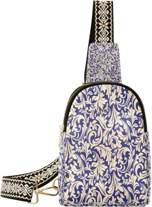 Small Sling Bag for Women Crossbody Baroque Flowers Style Fashion Leather Crossbody Bag for Women Trendy Crossbody Purse Fanny Pack with Adjustable Guitar Strap Outfit