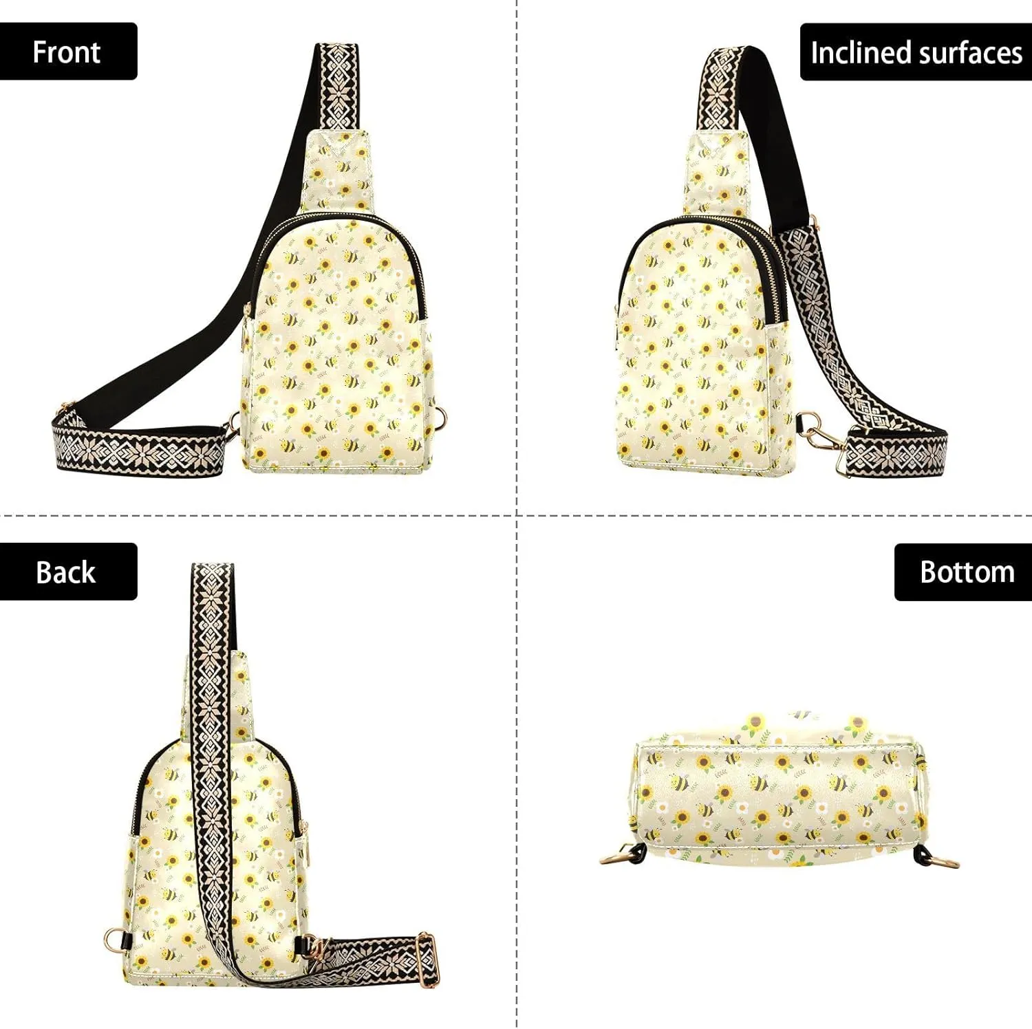 Small Sling Bag for Women Crossbody Bee Sunflower Trendy Crossbody Bag Fanny Pack with Guitar Strap Leather Chest Bag for Women Fanny Pack Travel Outdoor Outfit