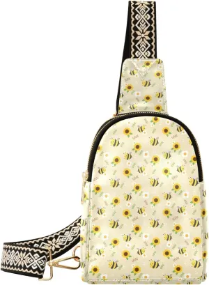 Small Sling Bag for Women Crossbody Bee Sunflower Trendy Crossbody Bag Fanny Pack with Guitar Strap Leather Chest Bag for Women Fanny Pack Travel Outdoor Outfit