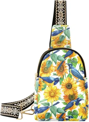 Small Sling Bag for Women Crossbody Birds Starling Sunflower Trendy Crossbody Bag Fashion Waist Packs Watercolor Floral Leather Chest Bag for Women Fanny Pack with Guitar Strap Travel Outdoor