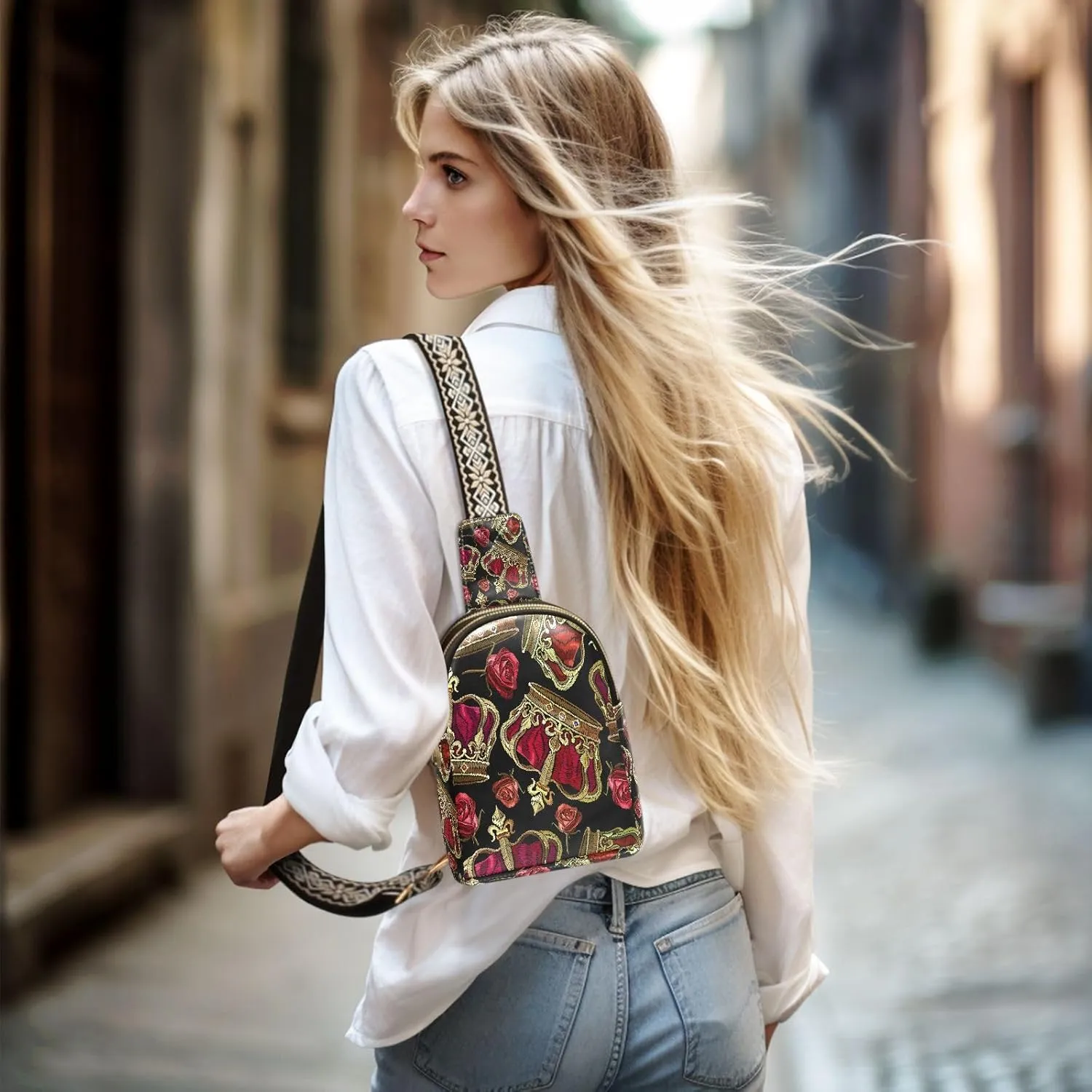 Small Sling Bag for Women Crossbody Embroidery Crown Rose Fashion Leather Crossbody Bag for Women Vintage Style Trendy Crossbody Purse Fanny Pack with Adjustable Guitar Strap Outfit