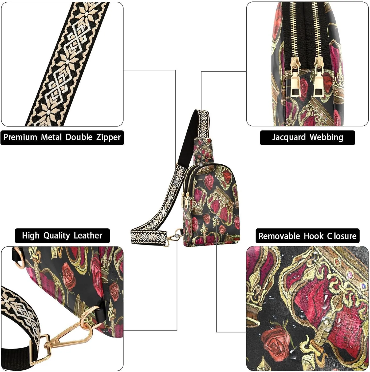 Small Sling Bag for Women Crossbody Embroidery Crown Rose Fashion Leather Crossbody Bag for Women Vintage Style Trendy Crossbody Purse Fanny Pack with Adjustable Guitar Strap Outfit