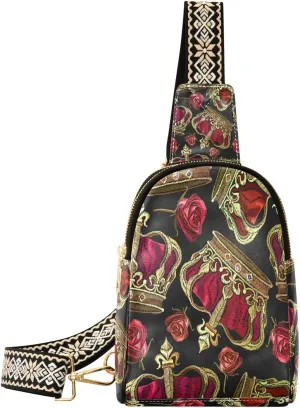 Small Sling Bag for Women Crossbody Embroidery Crown Rose Fashion Leather Crossbody Bag for Women Vintage Style Trendy Crossbody Purse Fanny Pack with Adjustable Guitar Strap Outfit