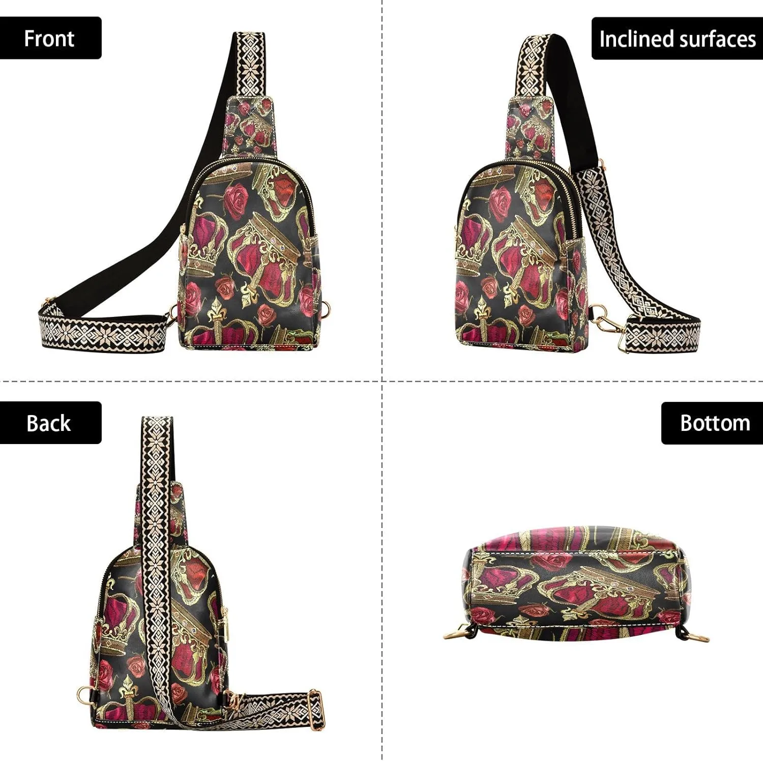 Small Sling Bag for Women Crossbody Embroidery Crown Rose Fashion Leather Crossbody Bag for Women Vintage Style Trendy Crossbody Purse Fanny Pack with Adjustable Guitar Strap Outfit