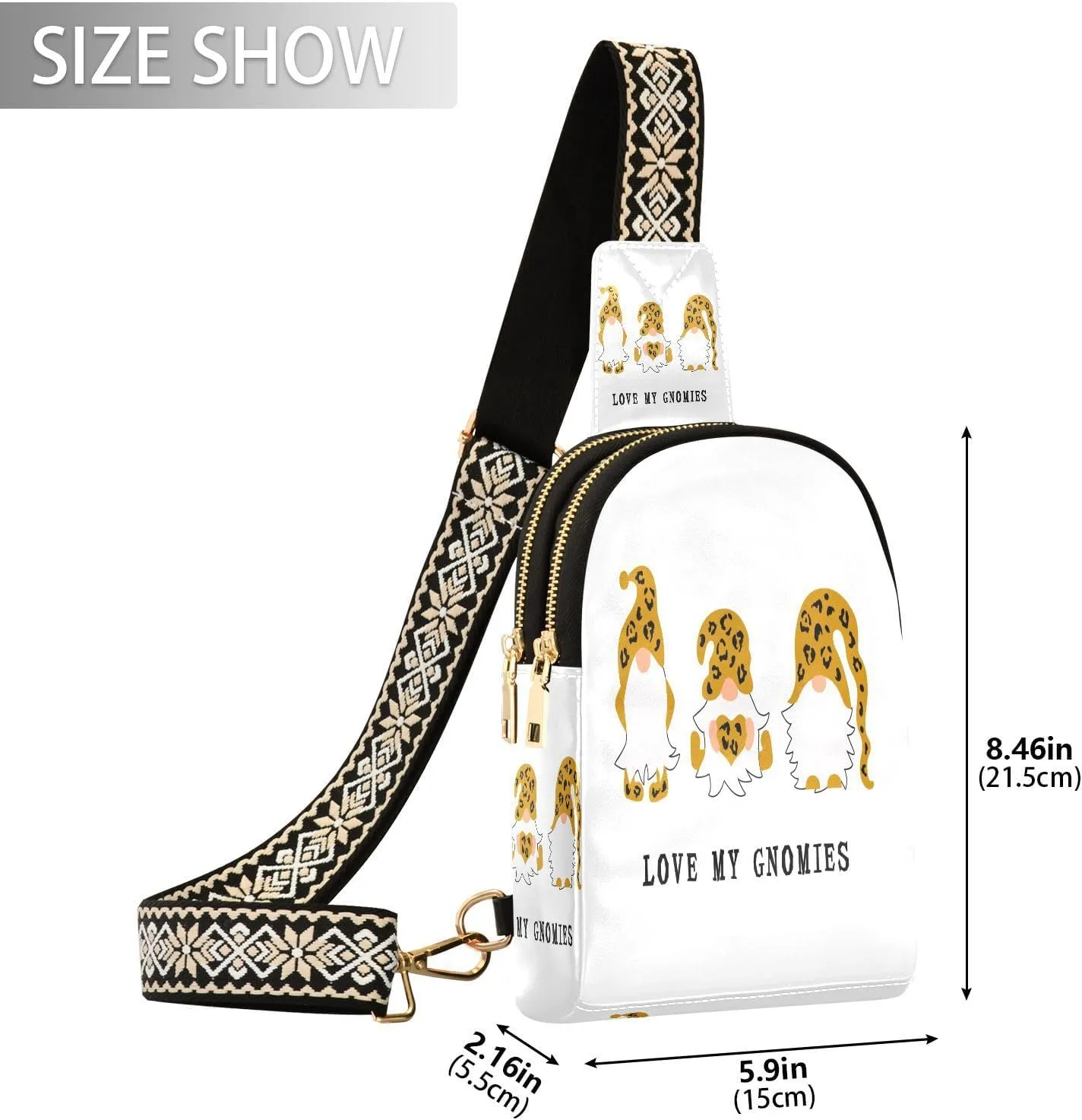 Small Sling Bag for Women Crossbody Gnomes with Heart Leopard Print Trendy Crossbody Bag Fashion Waist Packs Leather Chest Bag for Women Fanny Pack with Guitar Strap Travel Outdoor Outfit