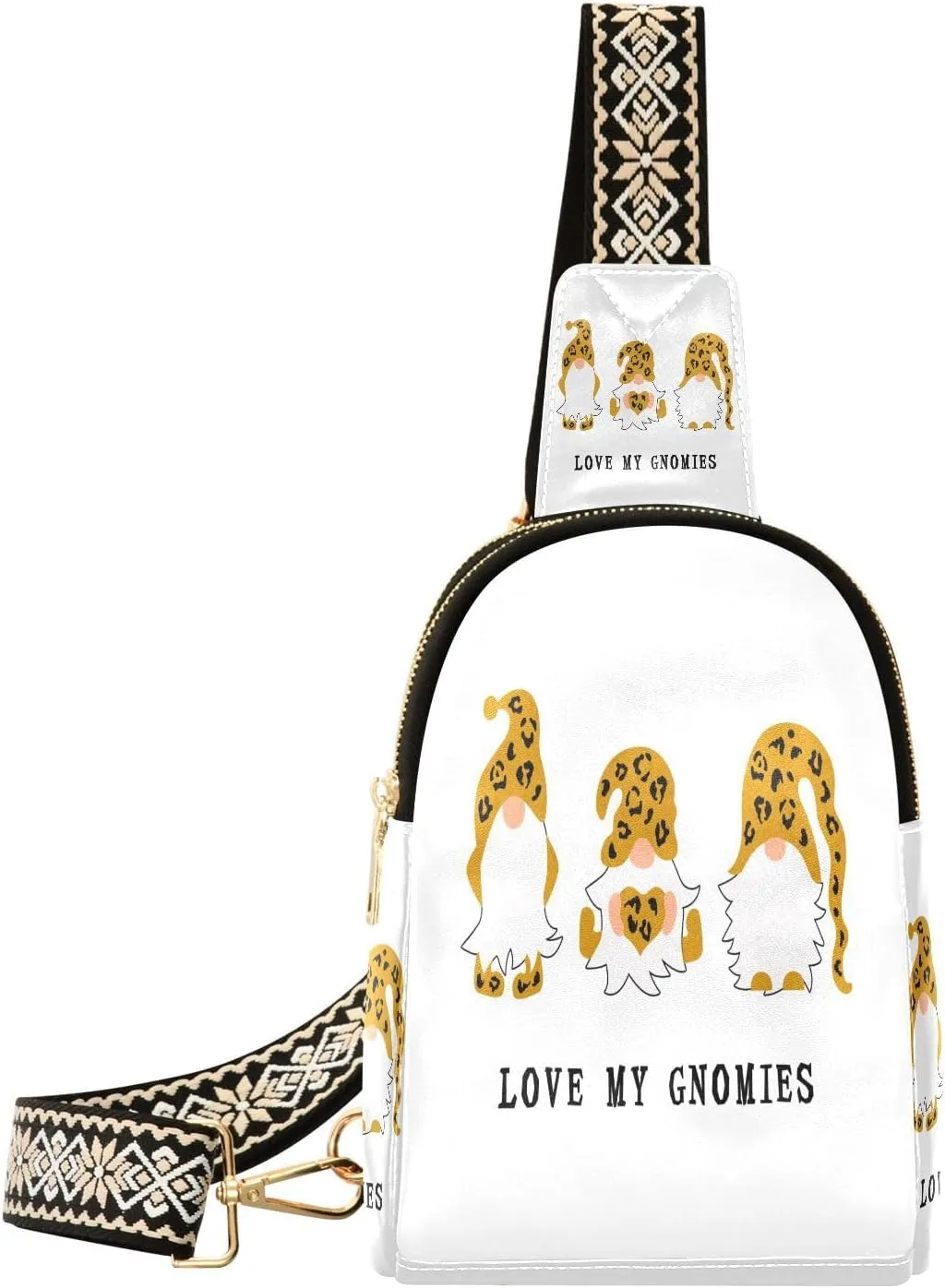 Small Sling Bag for Women Crossbody Gnomes with Heart Leopard Print Trendy Crossbody Bag Fashion Waist Packs Leather Chest Bag for Women Fanny Pack with Guitar Strap Travel Outdoor Outfit