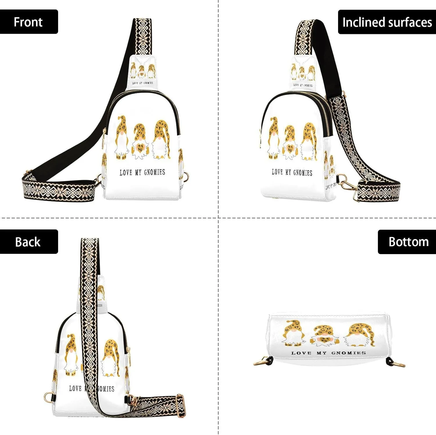 Small Sling Bag for Women Crossbody Gnomes with Heart Leopard Print Trendy Crossbody Bag Fashion Waist Packs Leather Chest Bag for Women Fanny Pack with Guitar Strap Travel Outdoor Outfit