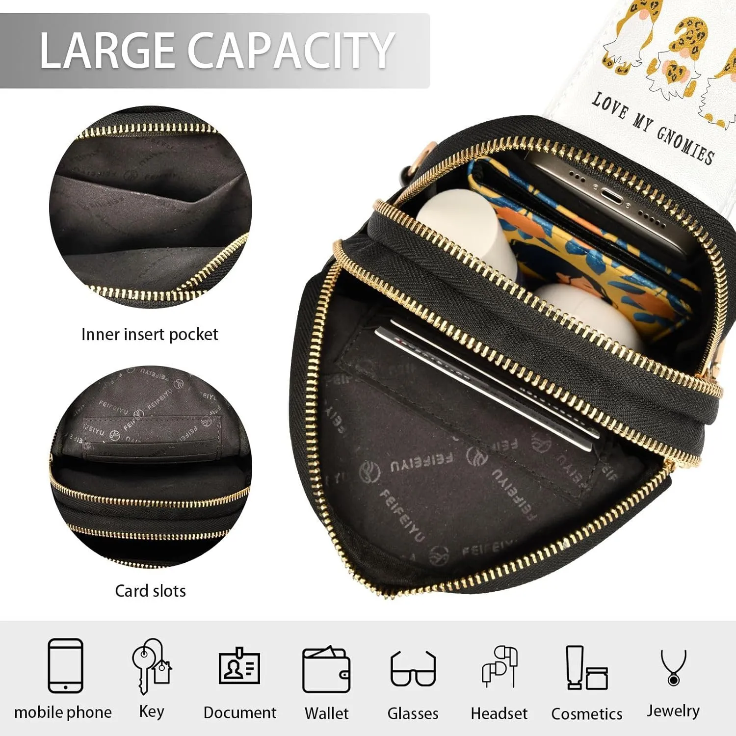 Small Sling Bag for Women Crossbody Gnomes with Heart Leopard Print Trendy Crossbody Bag Fashion Waist Packs Leather Chest Bag for Women Fanny Pack with Guitar Strap Travel Outdoor Outfit
