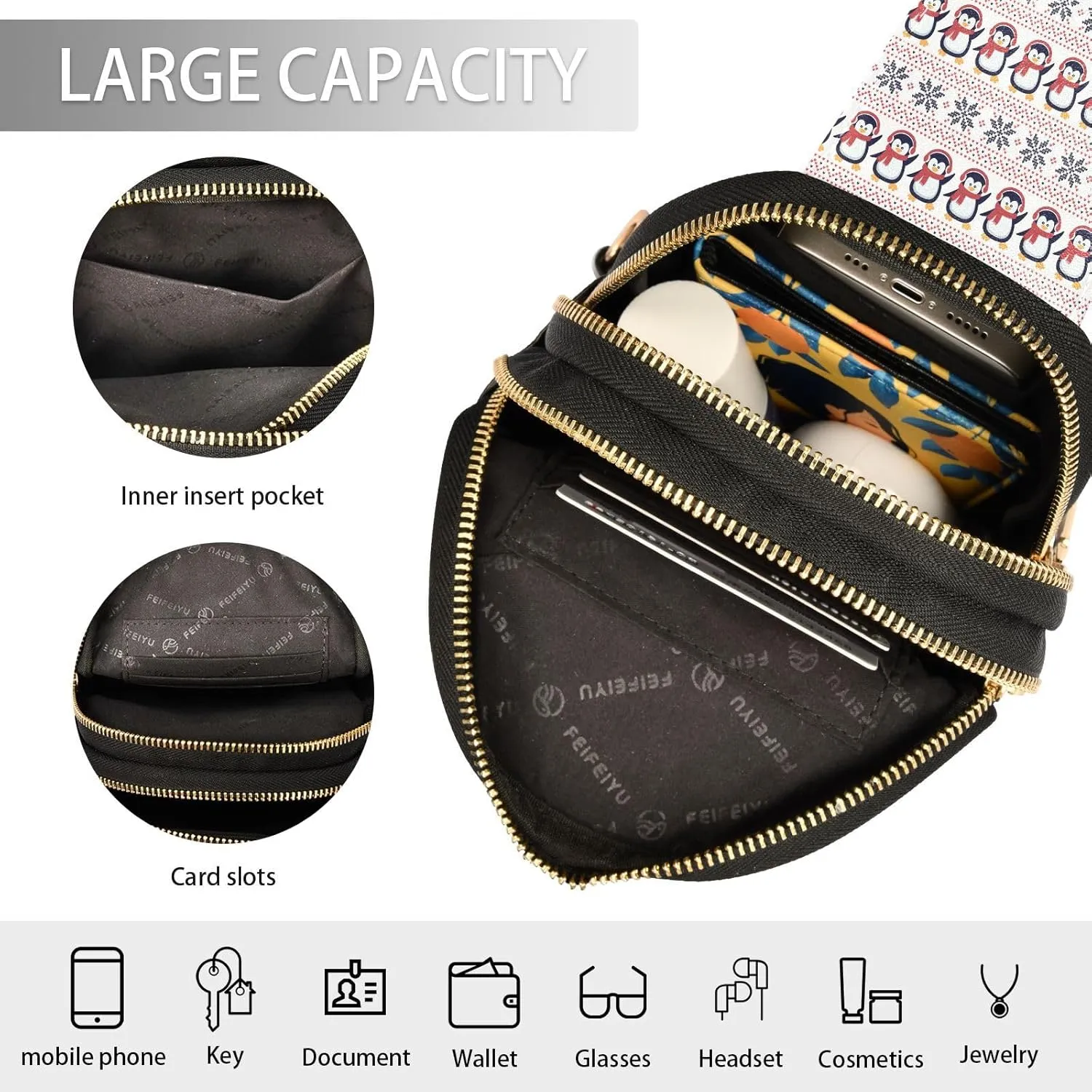 Small Sling Bag for Women Crossbody Knitted Christmas Penguins Trendy Crossbody Bag Fashion Waist Packs Cute Leather Chest Bag for Women Fanny Pack with Guitar Strap Travel Outdoor Outfit