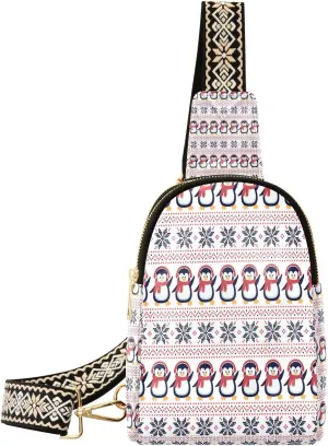Small Sling Bag for Women Crossbody Knitted Christmas Penguins Trendy Crossbody Bag Fashion Waist Packs Cute Leather Chest Bag for Women Fanny Pack with Guitar Strap Travel Outdoor Outfit