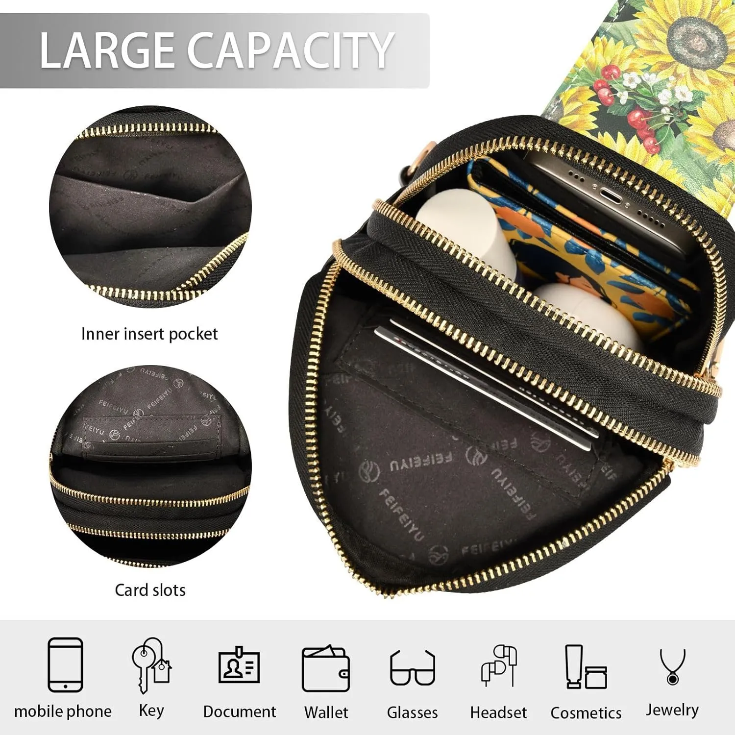 Small Sling Bag for Women Crossbody Sunflower Cherry Blossom Bushes Trendy Crossbody Bag Fashion Waist Packs Leather Chest Bag for Women Fanny Pack with Guitar Strap Travel Outdoor Outfit