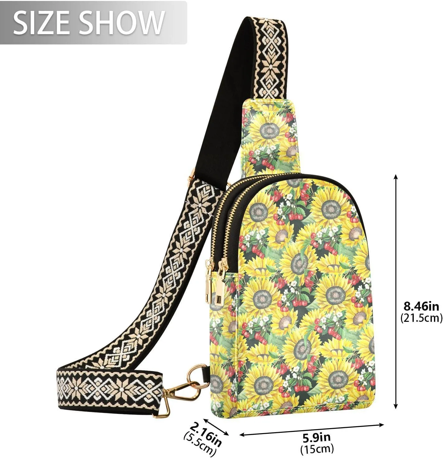 Small Sling Bag for Women Crossbody Sunflower Cherry Blossom Bushes Trendy Crossbody Bag Fashion Waist Packs Leather Chest Bag for Women Fanny Pack with Guitar Strap Travel Outdoor Outfit