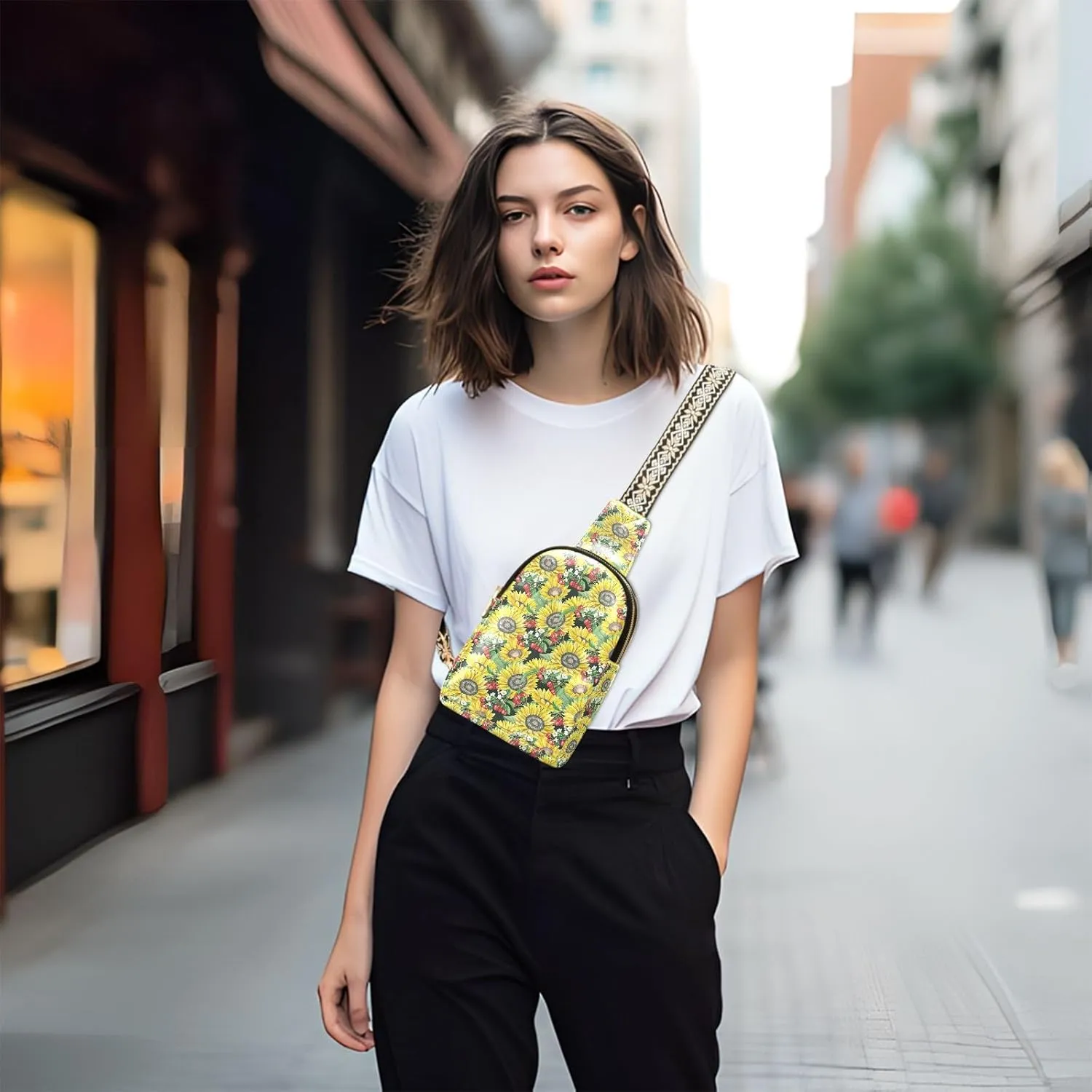 Small Sling Bag for Women Crossbody Sunflower Cherry Blossom Bushes Trendy Crossbody Bag Fashion Waist Packs Leather Chest Bag for Women Fanny Pack with Guitar Strap Travel Outdoor Outfit