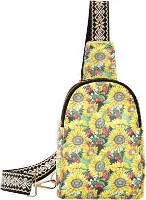 Small Sling Bag for Women Crossbody Sunflower Cherry Blossom Bushes Trendy Crossbody Bag Fashion Waist Packs Leather Chest Bag for Women Fanny Pack with Guitar Strap Travel Outdoor Outfit