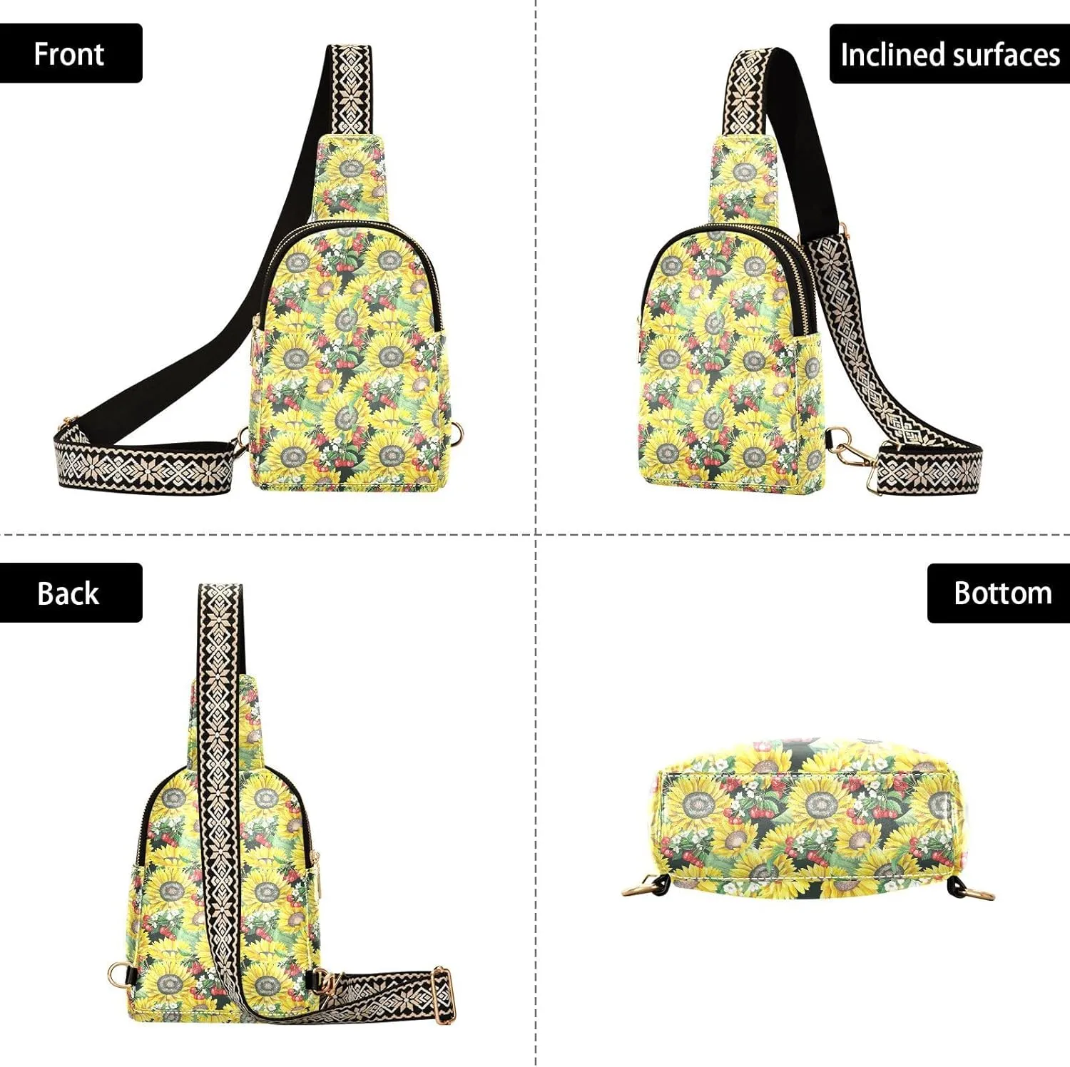 Small Sling Bag for Women Crossbody Sunflower Cherry Blossom Bushes Trendy Crossbody Bag Fashion Waist Packs Leather Chest Bag for Women Fanny Pack with Guitar Strap Travel Outdoor Outfit
