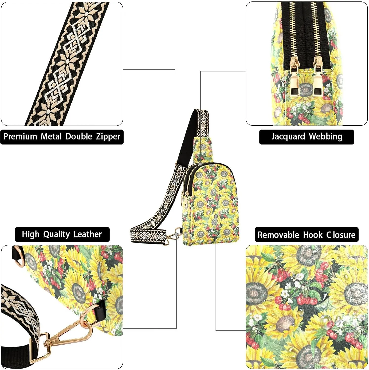 Small Sling Bag for Women Crossbody Sunflower Cherry Blossom Bushes Trendy Crossbody Bag Fashion Waist Packs Leather Chest Bag for Women Fanny Pack with Guitar Strap Travel Outdoor Outfit
