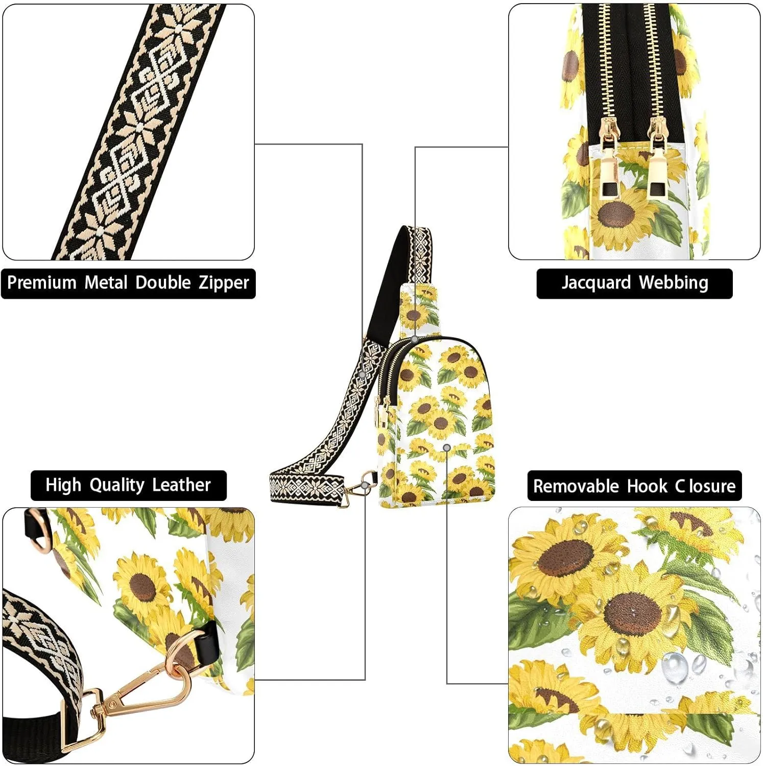 Small Sling Bag for Women Crossbody Sunflowers Bouquets Trendy Crossbody Bag Fashion Waist Packs Beautiful Flowers Leather Chest Bag for Women Fanny Pack with Guitar Strap Travel Outdoor