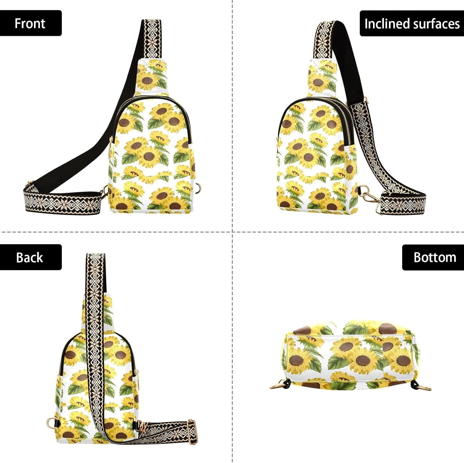 Small Sling Bag for Women Crossbody Sunflowers Bouquets Trendy Crossbody Bag Fashion Waist Packs Beautiful Flowers Leather Chest Bag for Women Fanny Pack with Guitar Strap Travel Outdoor