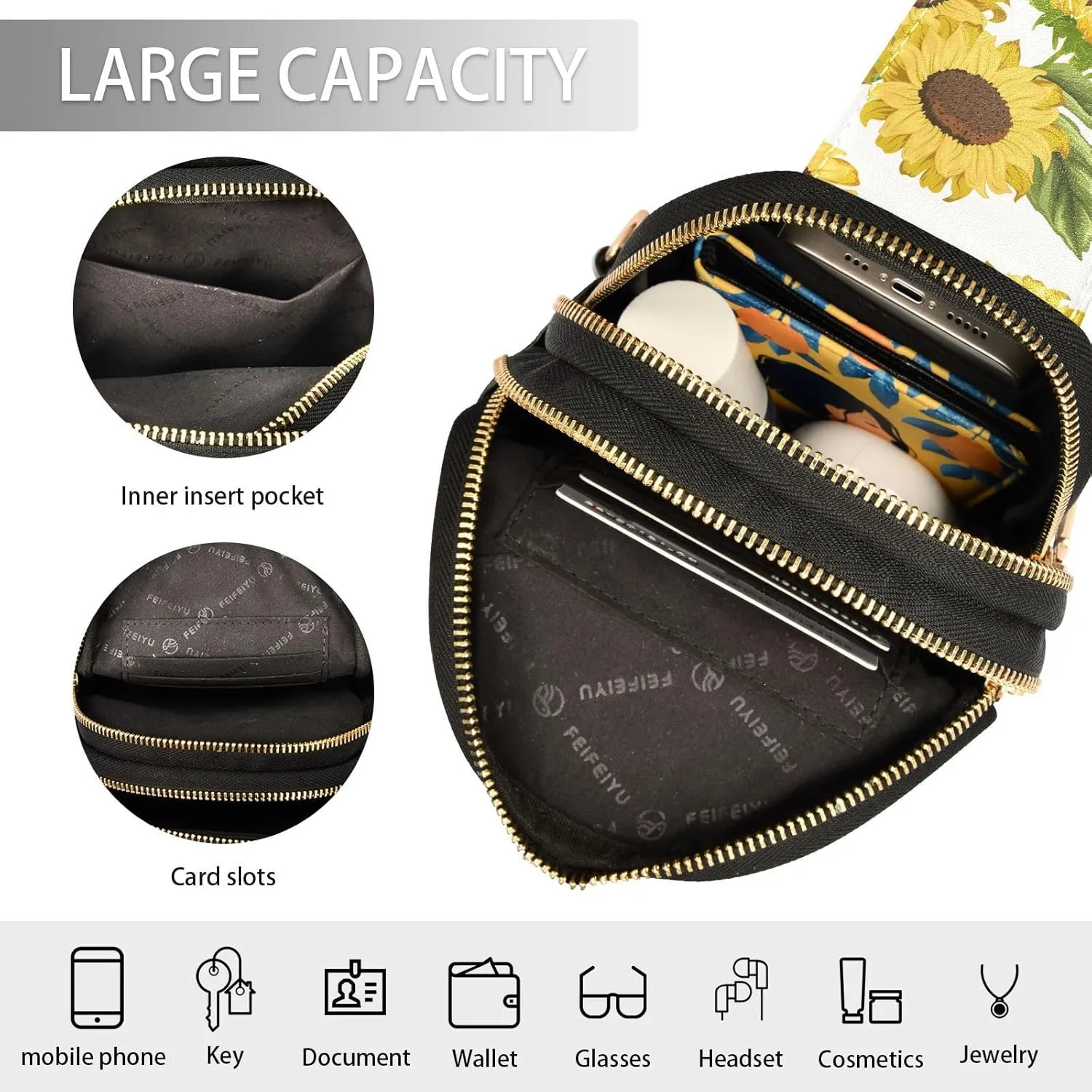 Small Sling Bag for Women Crossbody Sunflowers Bouquets Trendy Crossbody Bag Fashion Waist Packs Beautiful Flowers Leather Chest Bag for Women Fanny Pack with Guitar Strap Travel Outdoor