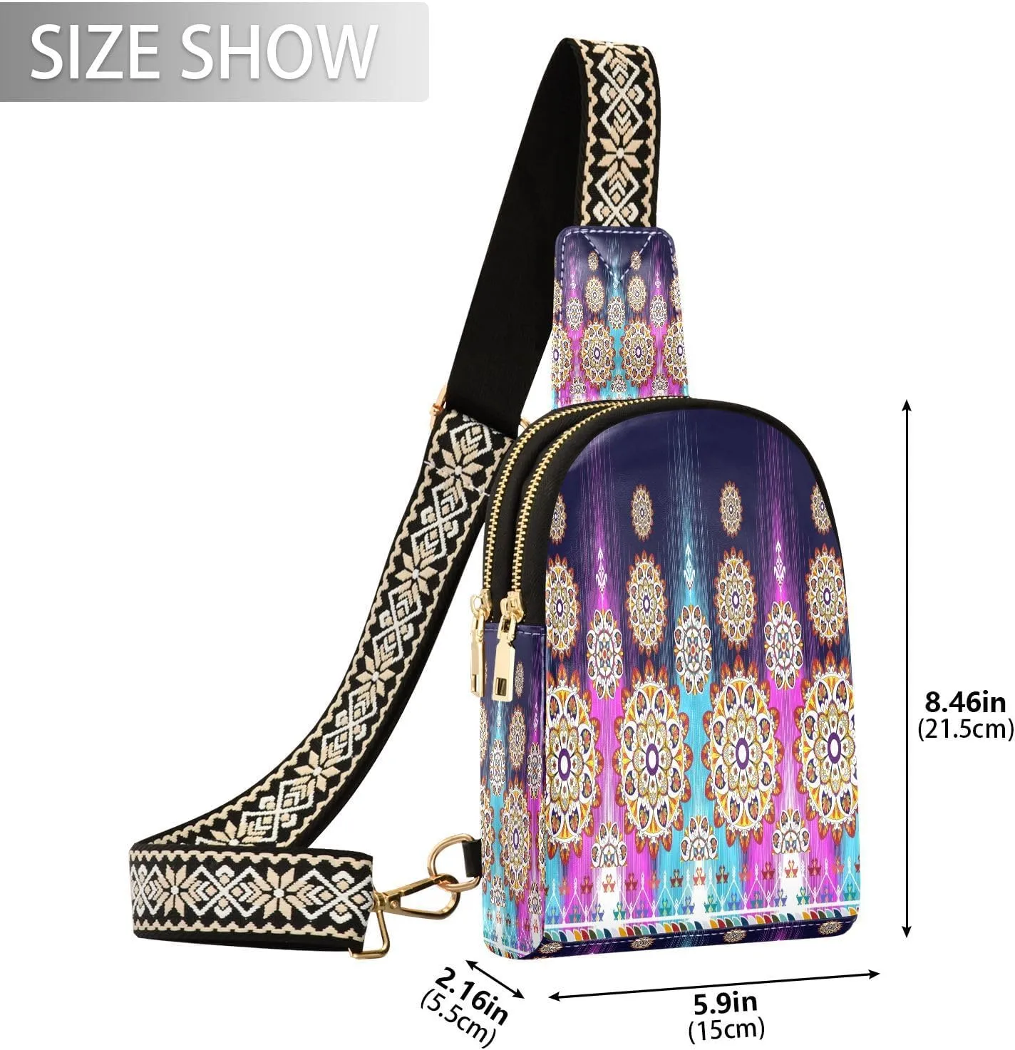 Small Sling Bag for Women Crossbody Tribal Boho Textile Turkey Fashion Leather Crossbody Bag for Women Traditional Embroidery Trendy Crossbody Purse Fanny Pack with Adjustable Guitar Strap