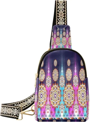 Small Sling Bag for Women Crossbody Tribal Boho Textile Turkey Fashion Leather Crossbody Bag for Women Traditional Embroidery Trendy Crossbody Purse Fanny Pack with Adjustable Guitar Strap