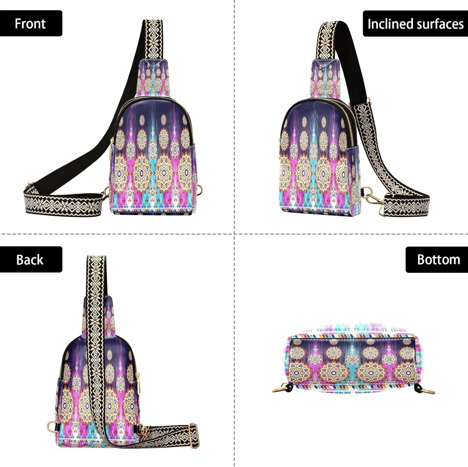Small Sling Bag for Women Crossbody Tribal Boho Textile Turkey Fashion Leather Crossbody Bag for Women Traditional Embroidery Trendy Crossbody Purse Fanny Pack with Adjustable Guitar Strap