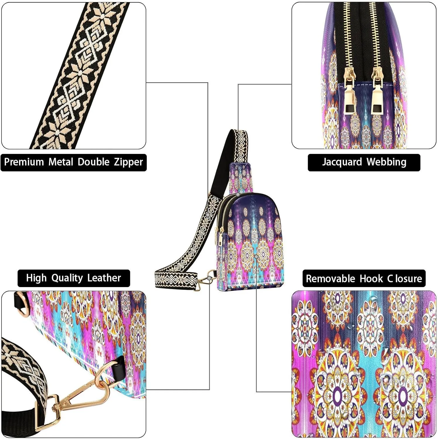 Small Sling Bag for Women Crossbody Tribal Boho Textile Turkey Fashion Leather Crossbody Bag for Women Traditional Embroidery Trendy Crossbody Purse Fanny Pack with Adjustable Guitar Strap