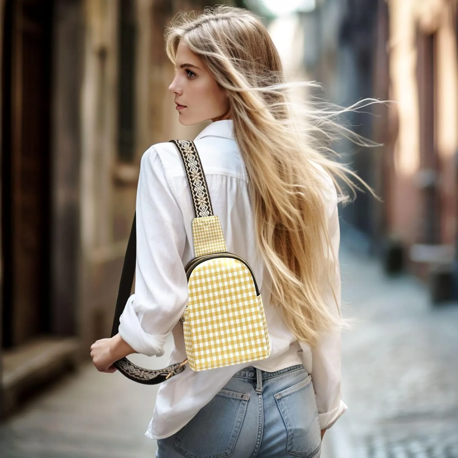 Small Sling Bag for Women Crossbody Yellow Plaid Trendy Crossbody Bag Fanny Pack with Guitar Strap Leather Chest Bag for Women Fanny Pack Travel Outdoor Outfit