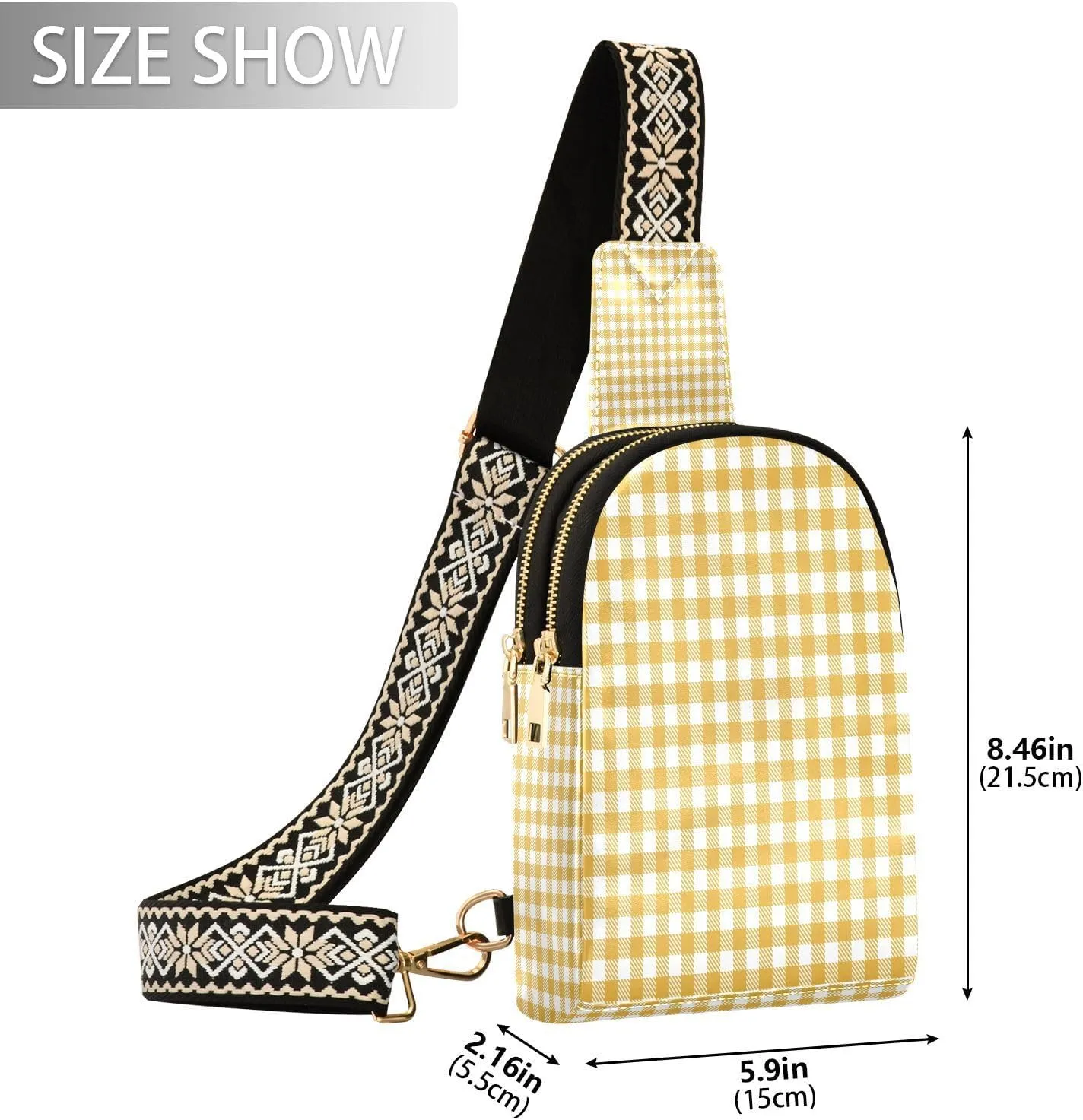 Small Sling Bag for Women Crossbody Yellow Plaid Trendy Crossbody Bag Fanny Pack with Guitar Strap Leather Chest Bag for Women Fanny Pack Travel Outdoor Outfit