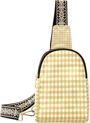 Small Sling Bag for Women Crossbody Yellow Plaid Trendy Crossbody Bag Fanny Pack with Guitar Strap Leather Chest Bag for Women Fanny Pack Travel Outdoor Outfit