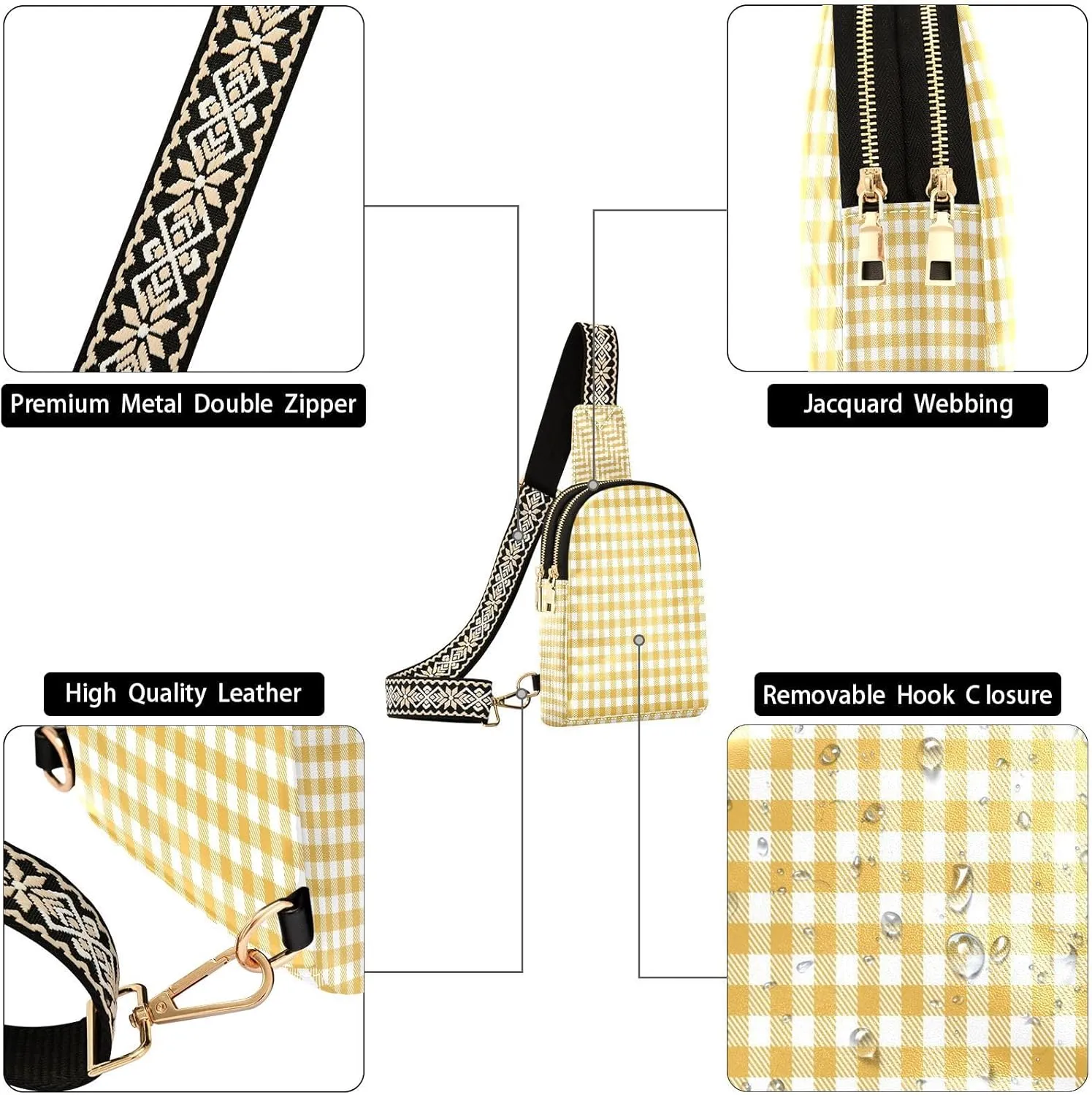 Small Sling Bag for Women Crossbody Yellow Plaid Trendy Crossbody Bag Fanny Pack with Guitar Strap Leather Chest Bag for Women Fanny Pack Travel Outdoor Outfit