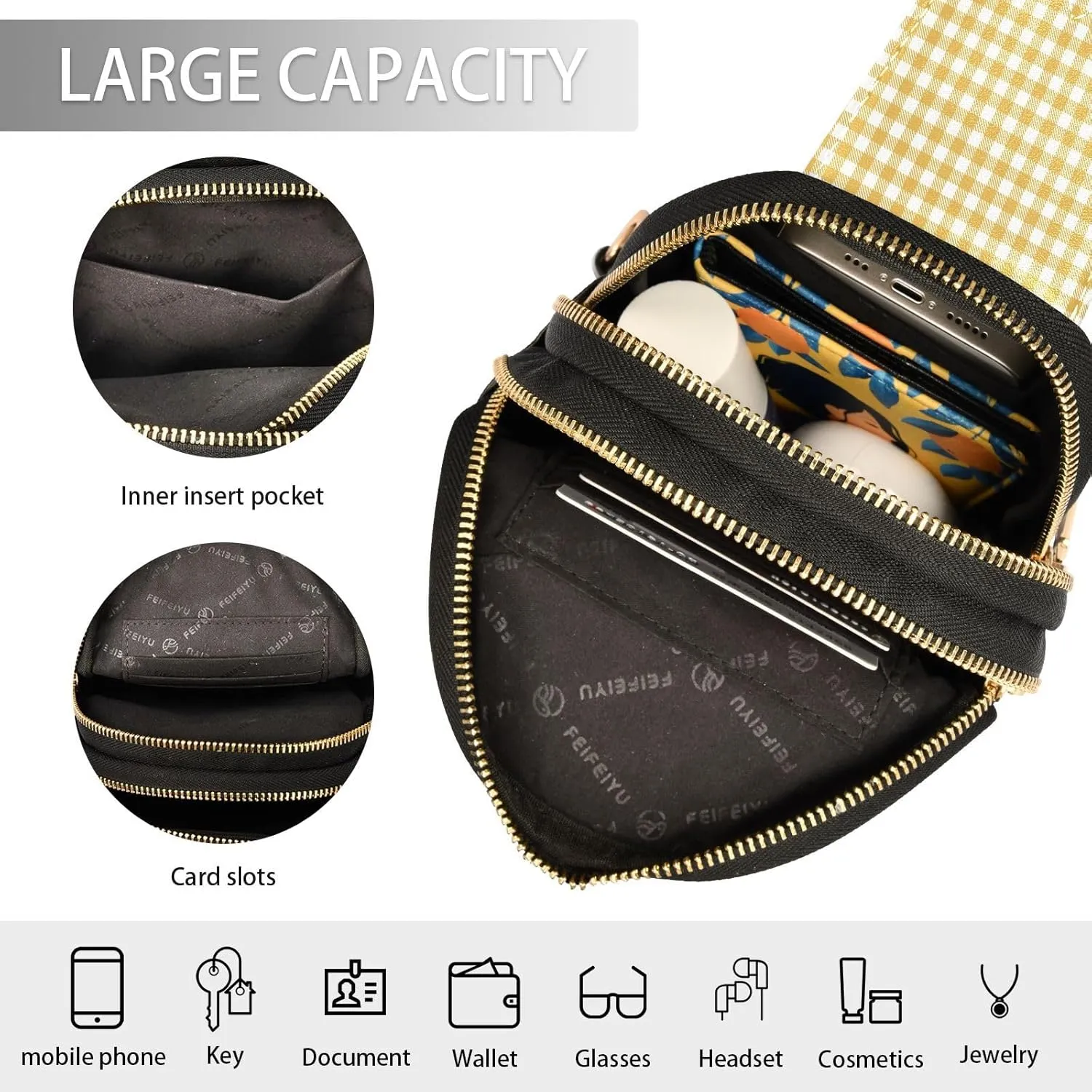 Small Sling Bag for Women Crossbody Yellow Plaid Trendy Crossbody Bag Fanny Pack with Guitar Strap Leather Chest Bag for Women Fanny Pack Travel Outdoor Outfit